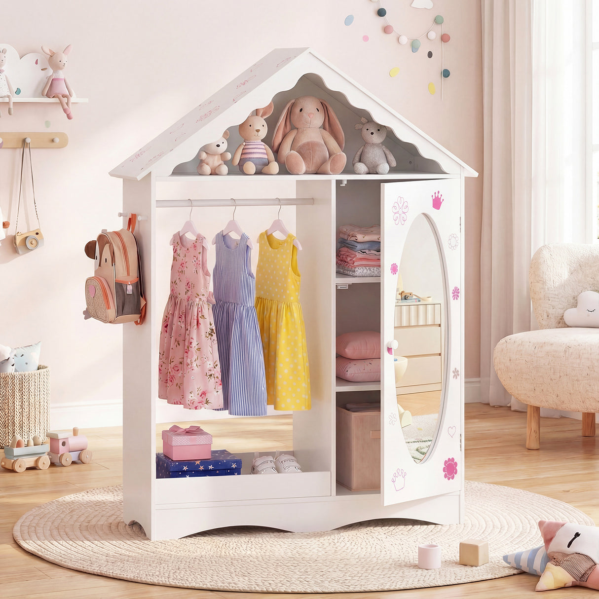 Kids Dress Up Storage with Mirror Roofed Wardrobe Closet with Open Hanging Rack-White