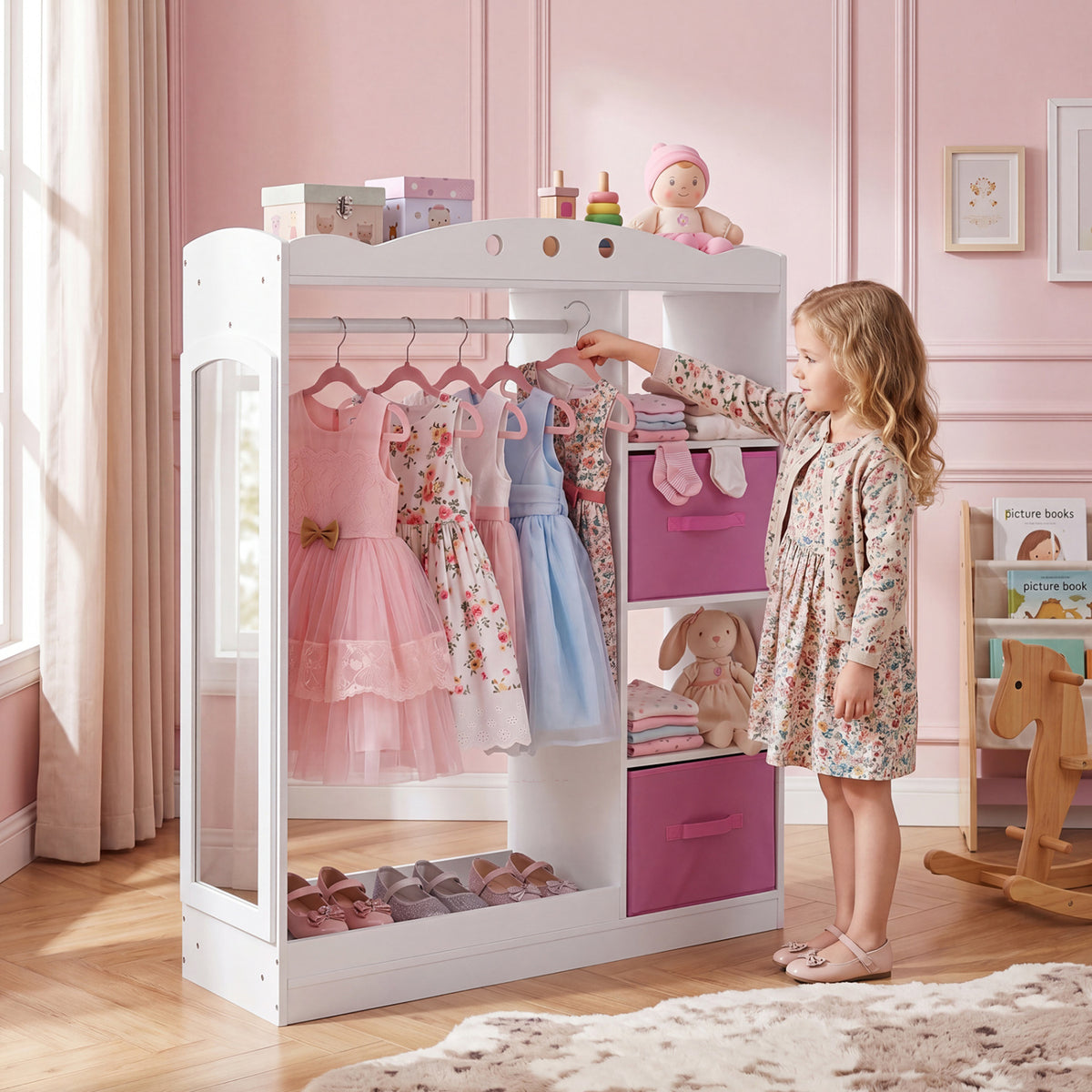 Kids Dress Up Storage with Full Length Mirror and Open Shelves- White