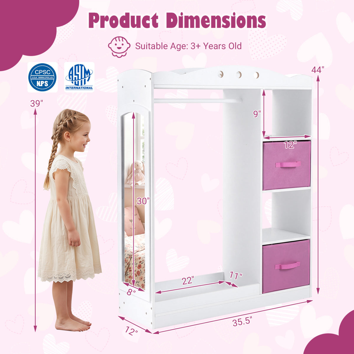 Kids Dress Up Storage with Full Length Mirror and Open Shelves- White