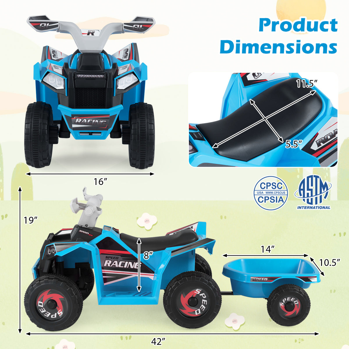 6V Kids Electric ATV Quad Car with Detachable Trailer-Navy