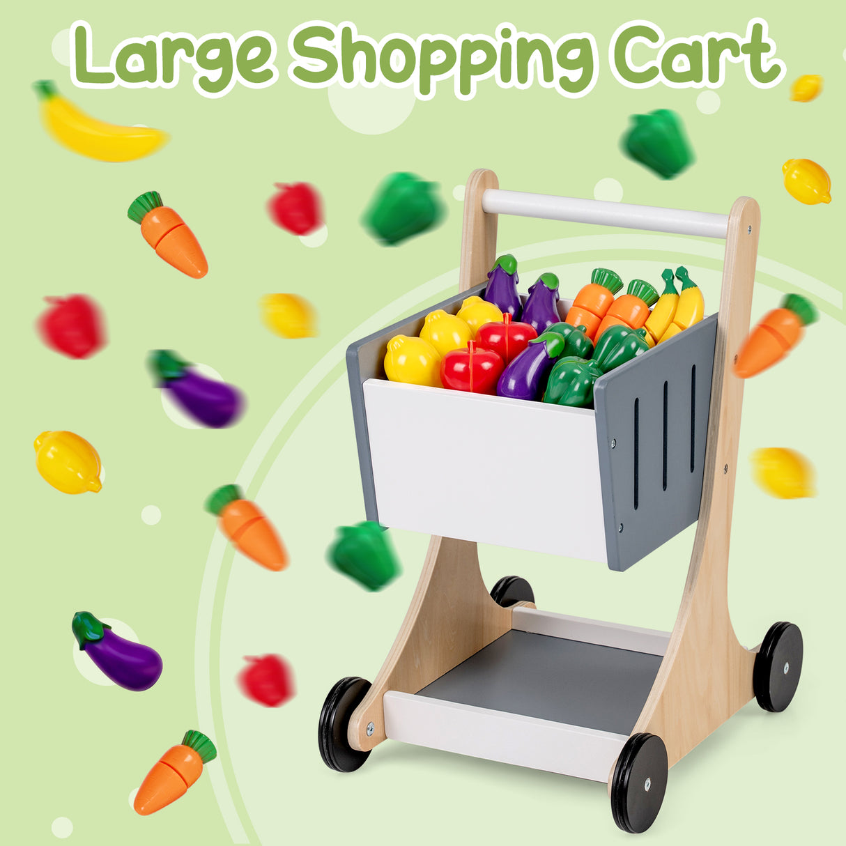 Kids Grocery Store Playset Wooden Pretend Play Supermarket with Shopping Cart-Gray