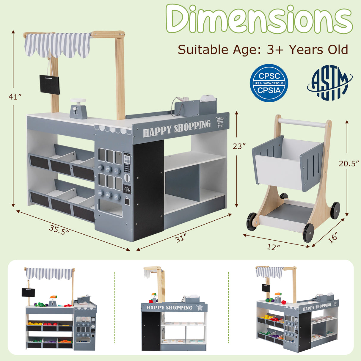Kids Grocery Store Playset Wooden Pretend Play Supermarket with Shopping Cart-Gray