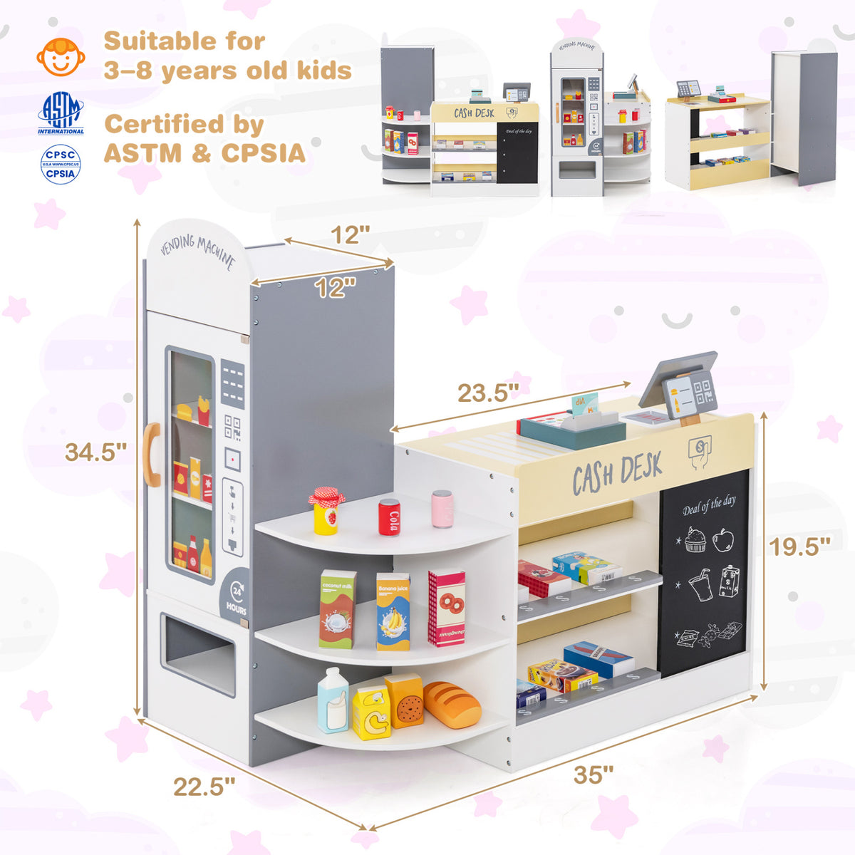 Kids Grocery Store Playset with Cash Register POS Machine-White