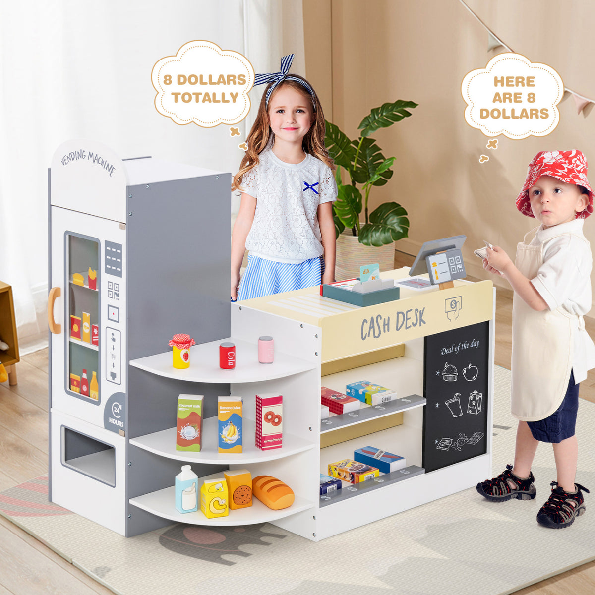 Kids Grocery Store Playset with Cash Register POS Machine-White