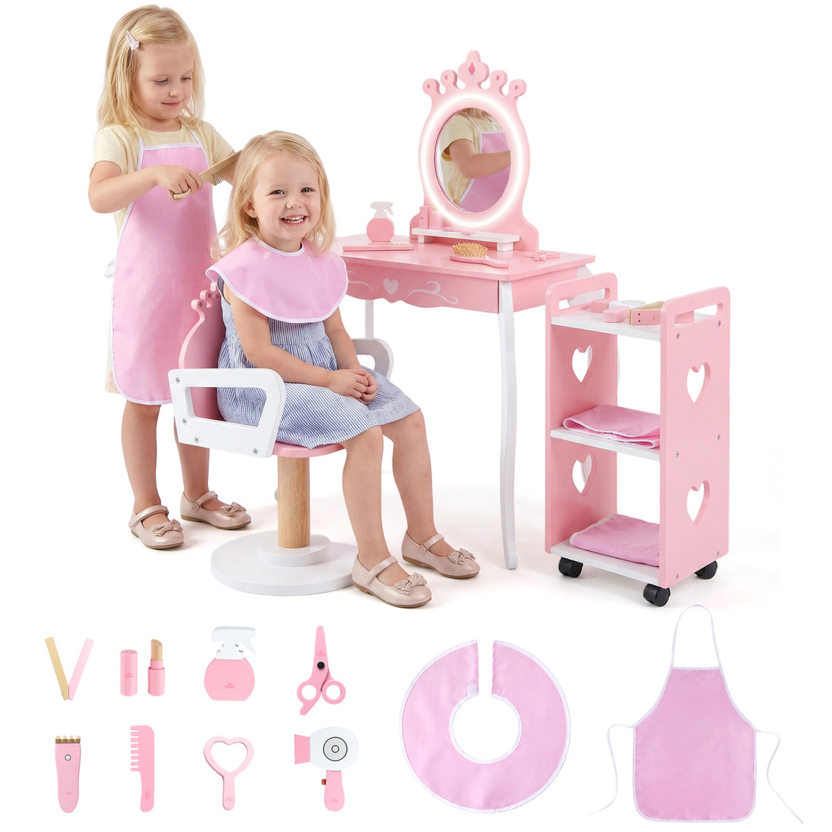 Kids Hair Salon Play Set with LED Lighted Mirror Wooden Pretend Hair Salon Station with Swivel Barber Chair-Pink