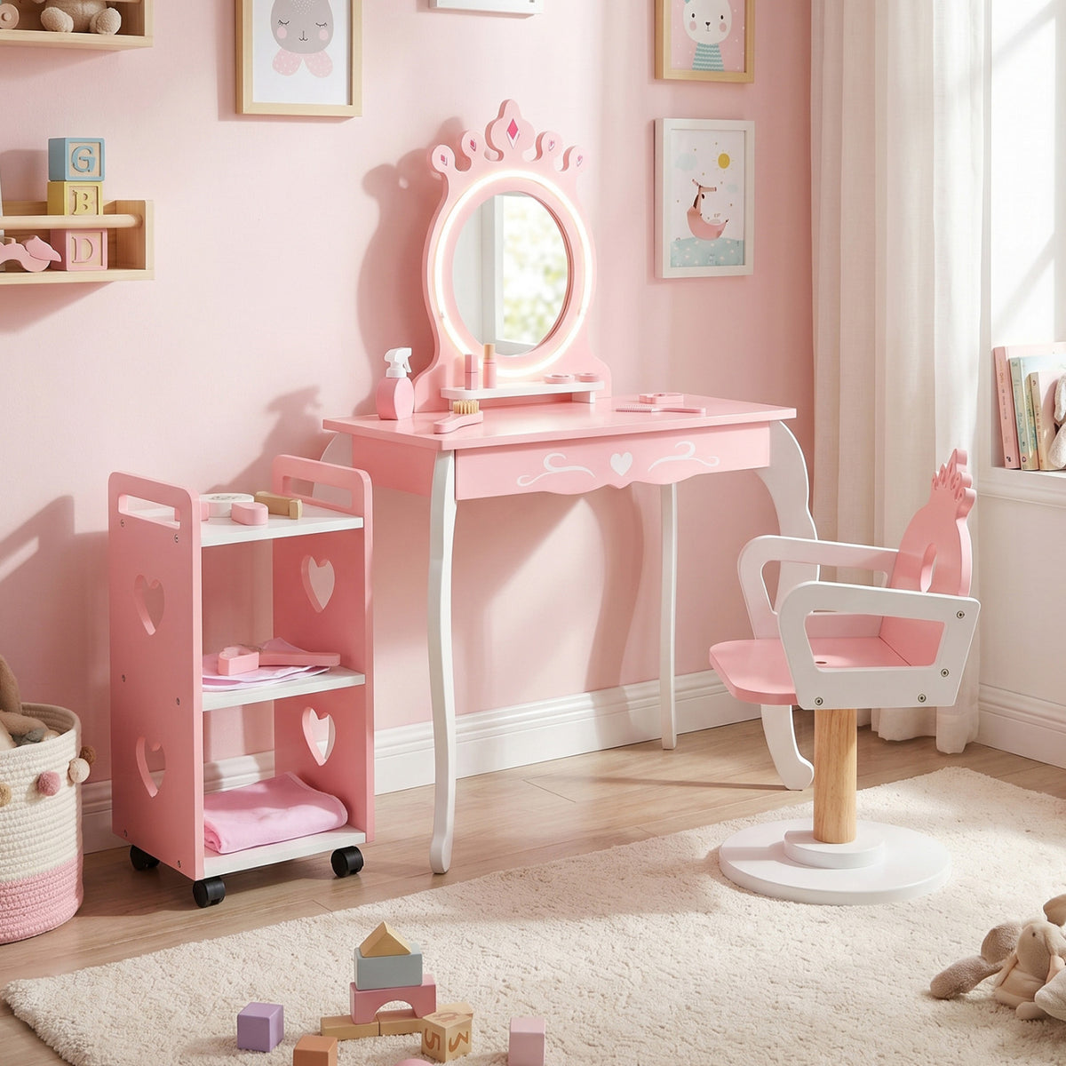 Kids Hair Salon Play Set with LED Lighted Mirror Wooden Pretend Hair Salon Station with Swivel Barber Chair-Pink