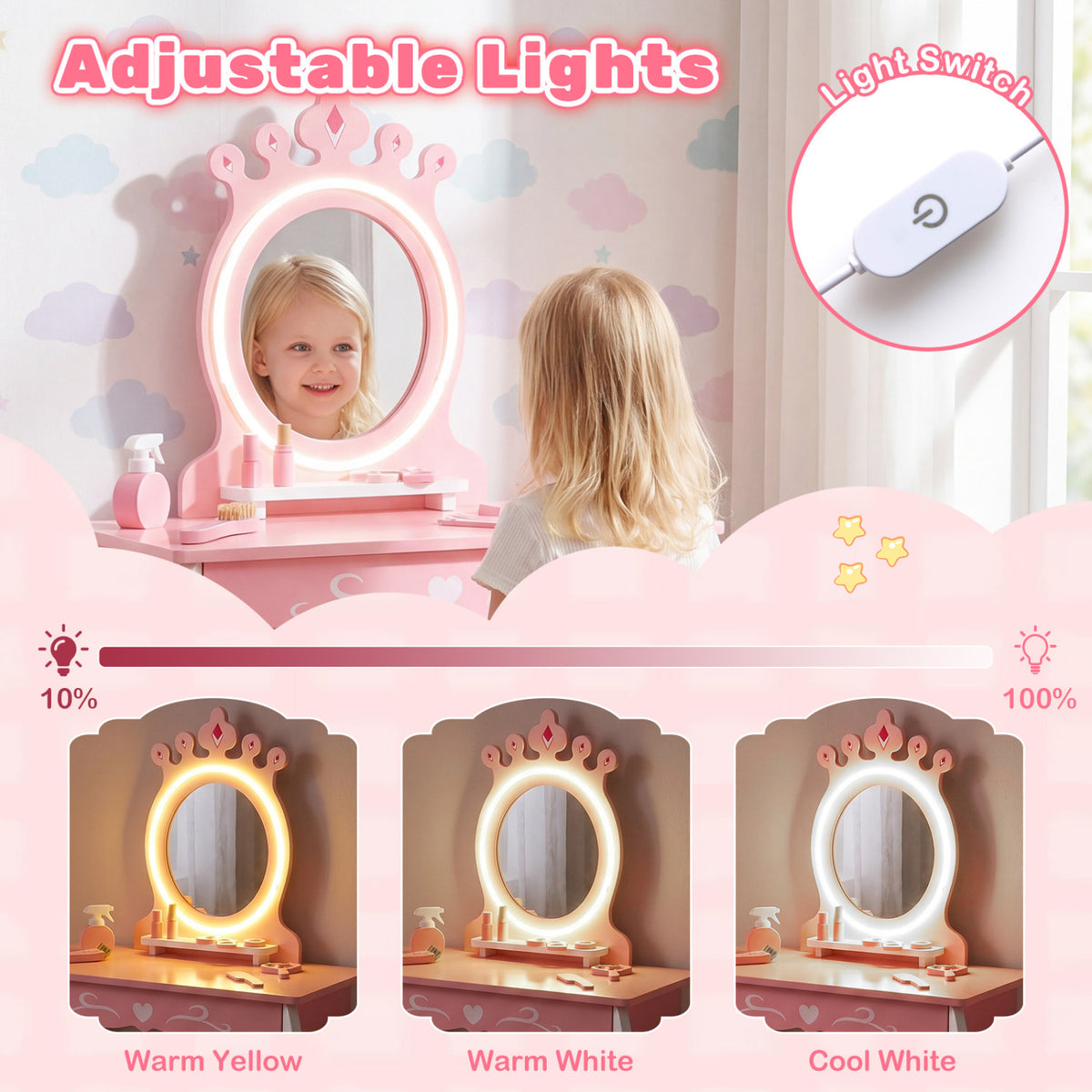 Kids Hair Salon Play Set with LED Lighted Mirror Wooden Pretend Hair Salon Station with Swivel Barber Chair-Pink