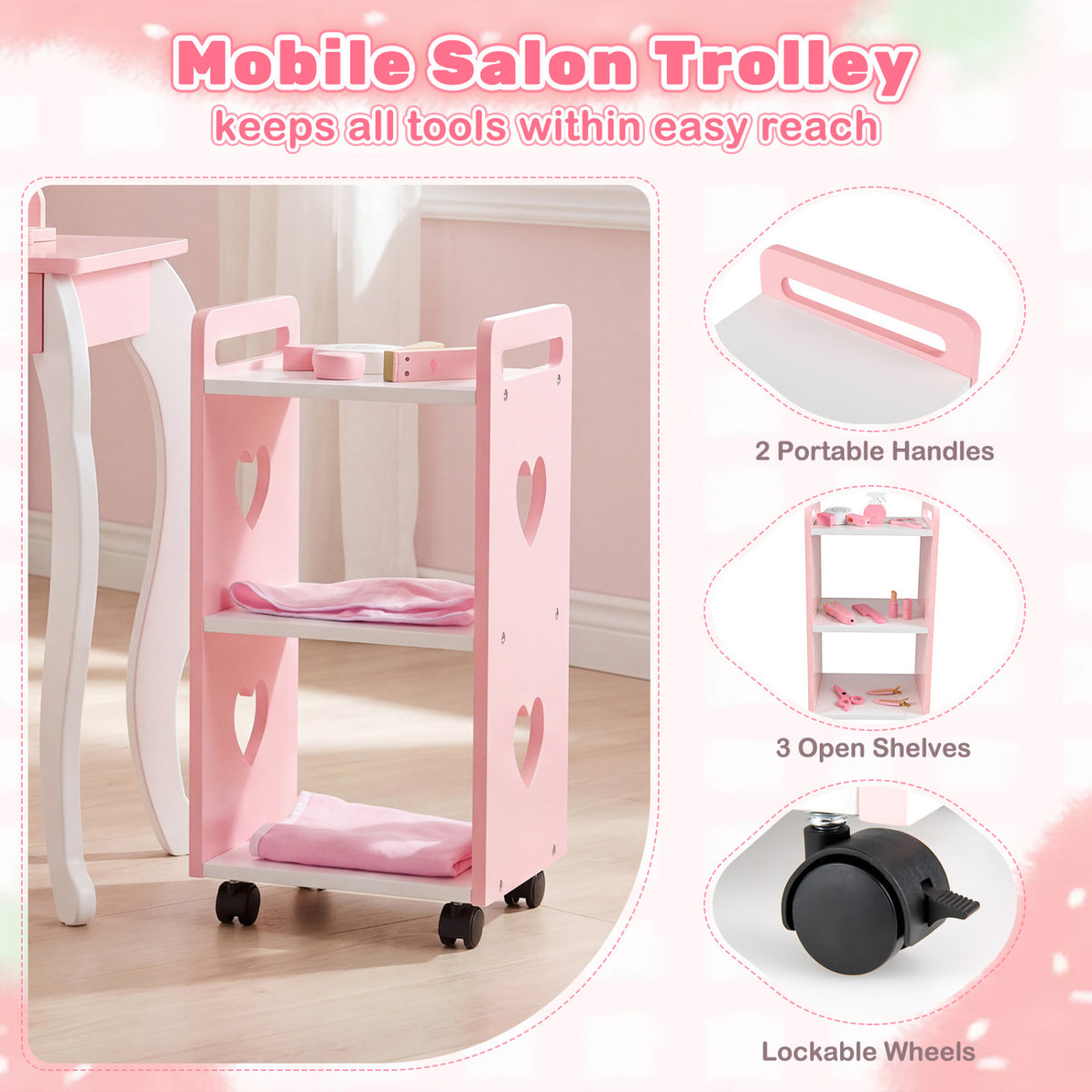 Kids Hair Salon Play Set with LED Lighted Mirror Wooden Pretend Hair Salon Station with Swivel Barber Chair-Pink