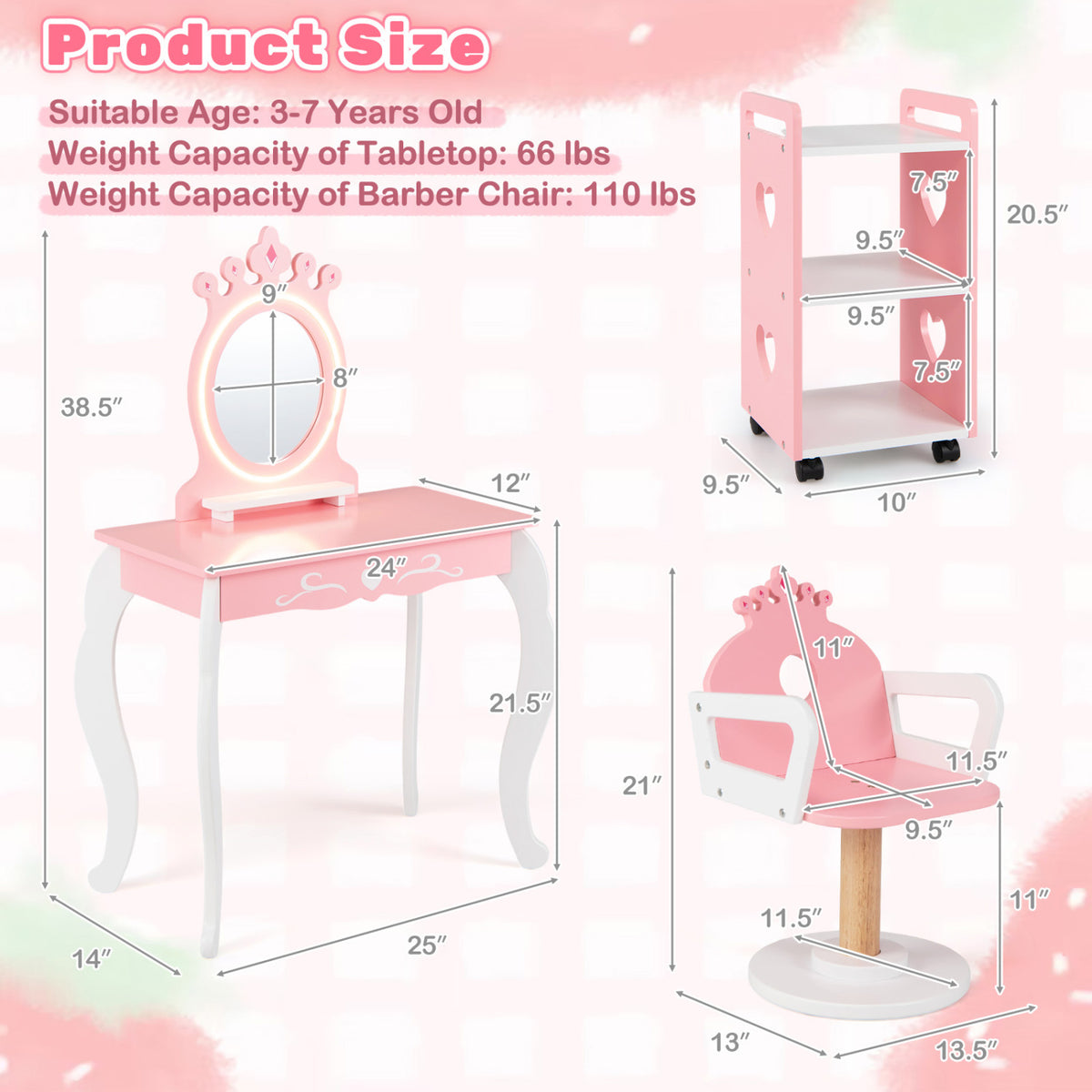 Kids Hair Salon Play Set with LED Lighted Mirror Wooden Pretend Hair Salon Station with Swivel Barber Chair-Pink