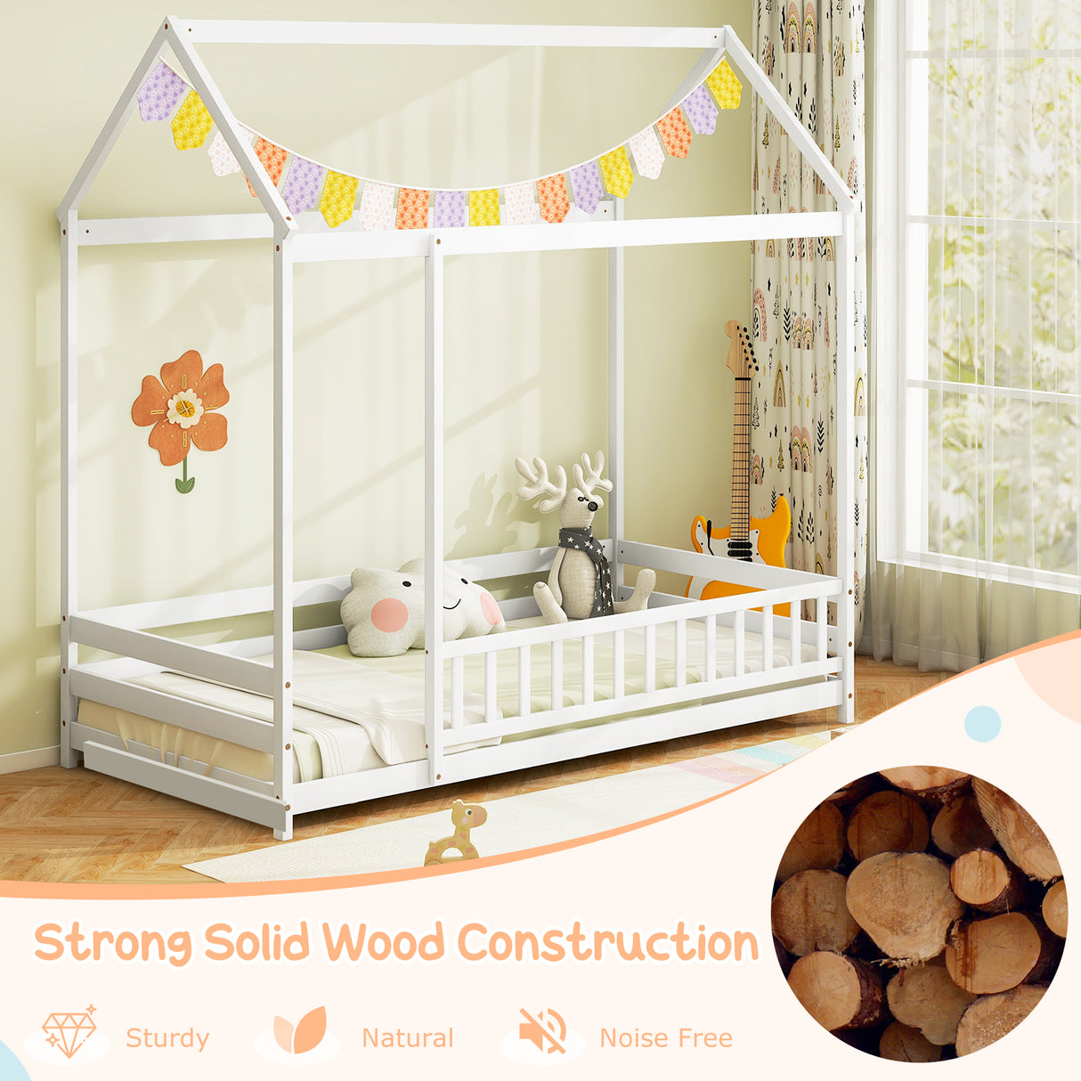 Twin Size Kids House Bed Wooden Floor Bed with Roof and Full-length Safety Guardrail-White