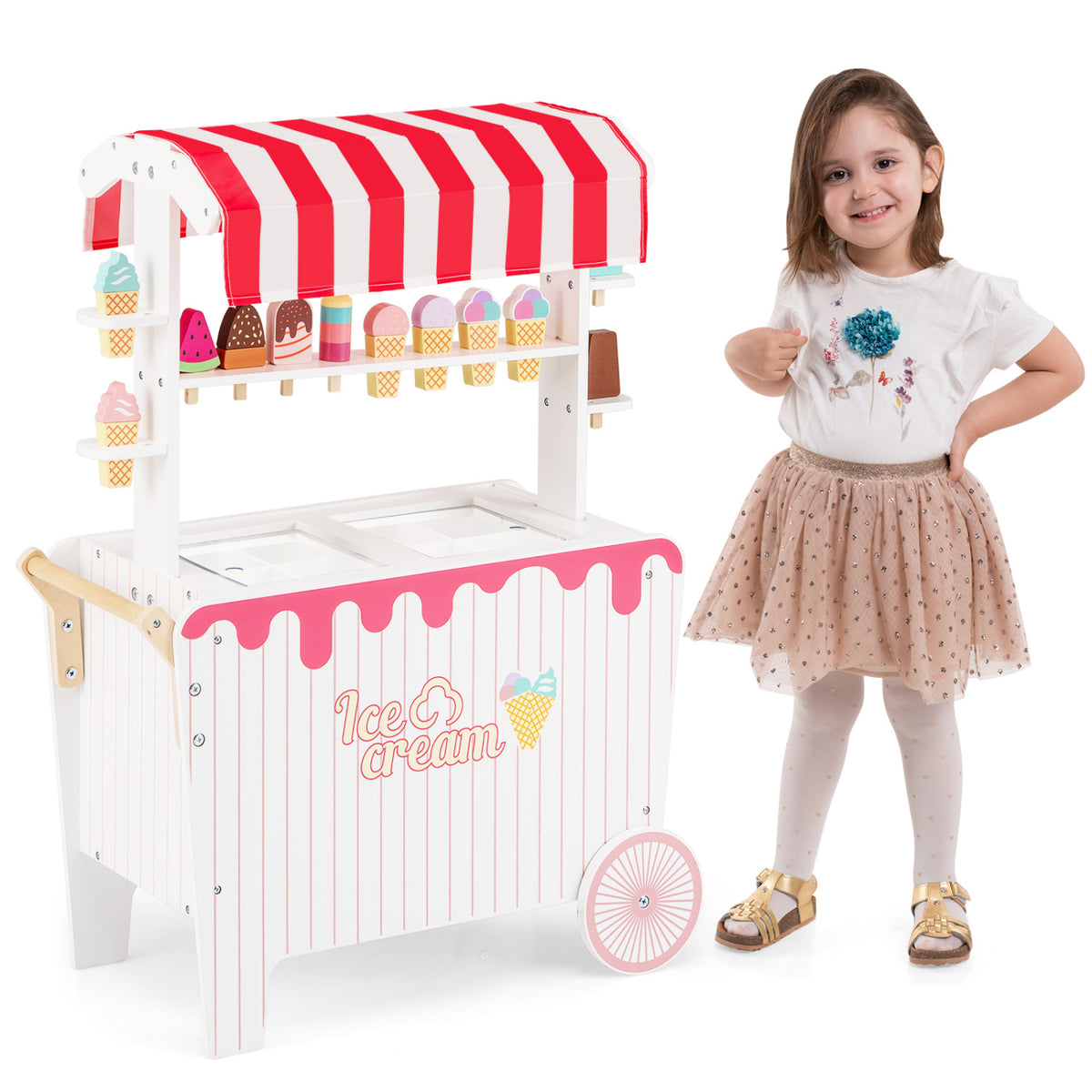 Kids Ice Cream Cart Playset with Display Rack and Accessories-Red