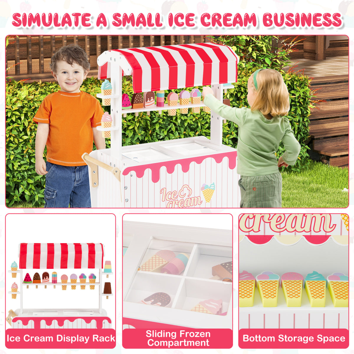 Kids Ice Cream Cart Playset with Display Rack and Accessories-Red