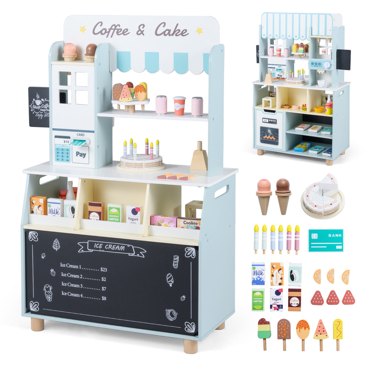 Kids Ice Cream Shop with 27 Accessories and Ice Cream Machine for Ages 3+-Blue