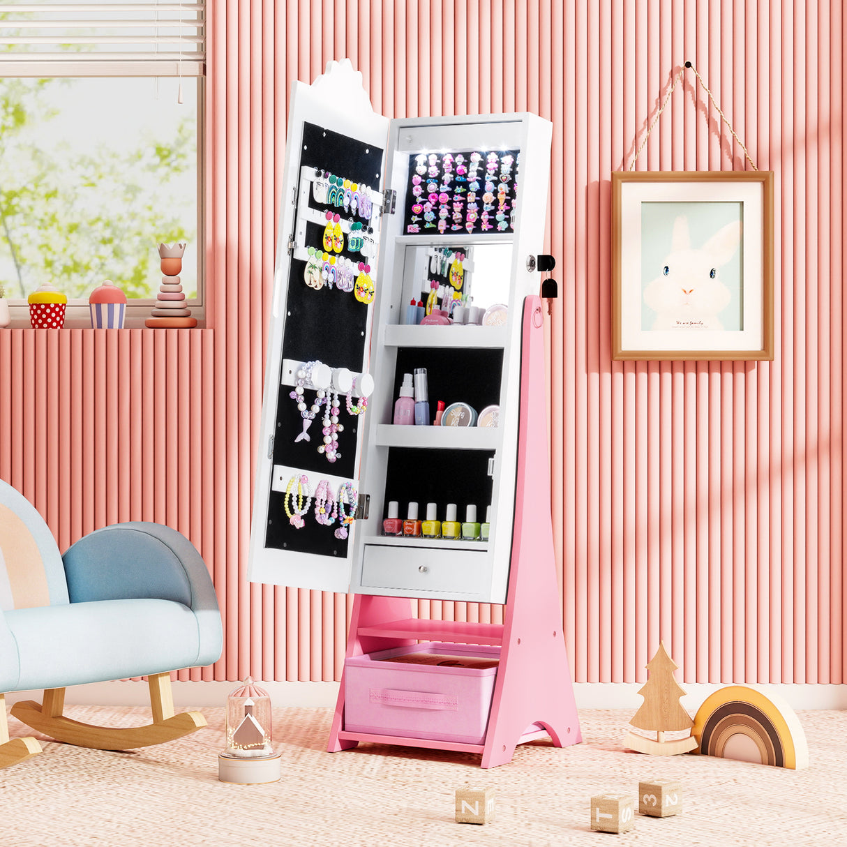 Kids Jewelry Armoire Freestanding Jewelry Cabinet with 3-Color Lighted Full Length Mirror-White