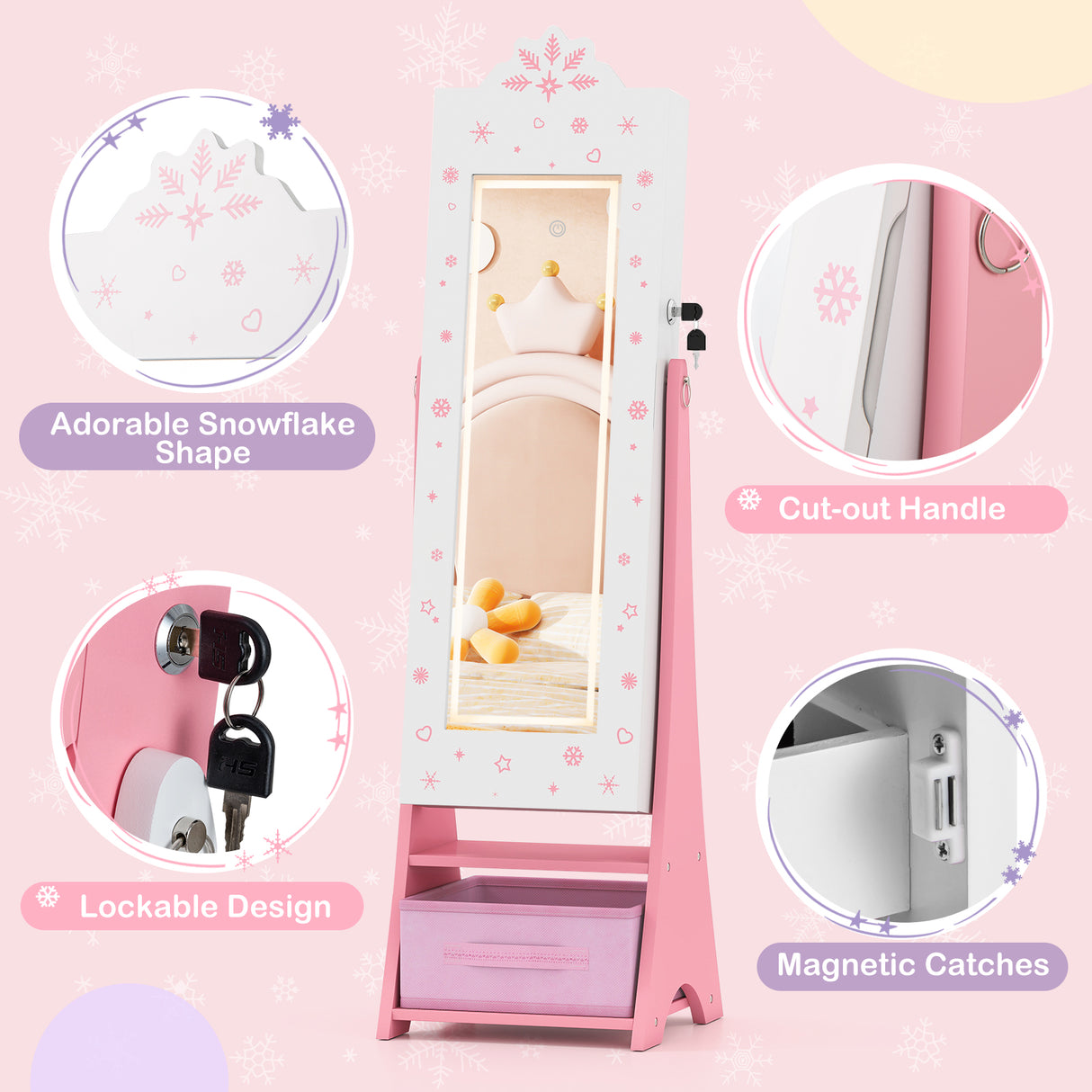 Kids Jewelry Armoire Freestanding Jewelry Cabinet with 3-Color Lighted Full Length Mirror-White
