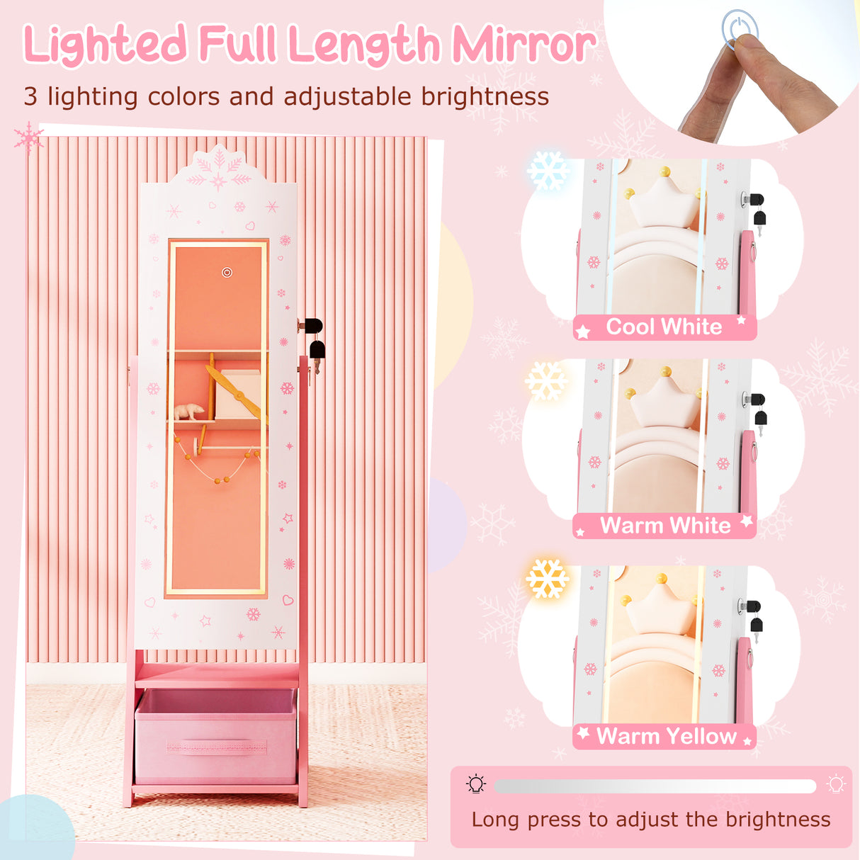 Kids Jewelry Armoire Freestanding Jewelry Cabinet with 3-Color Lighted Full Length Mirror-White