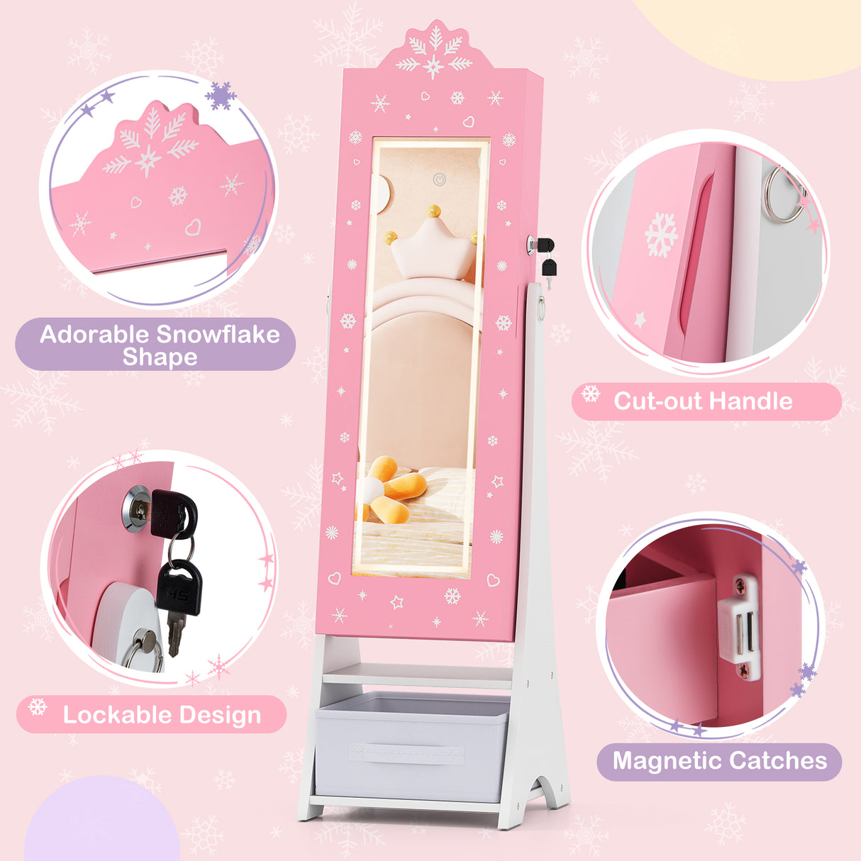 Kids Jewelry Armoire Freestanding Jewelry Cabinet with 3-Color Lighted Full Length Mirror-Pink