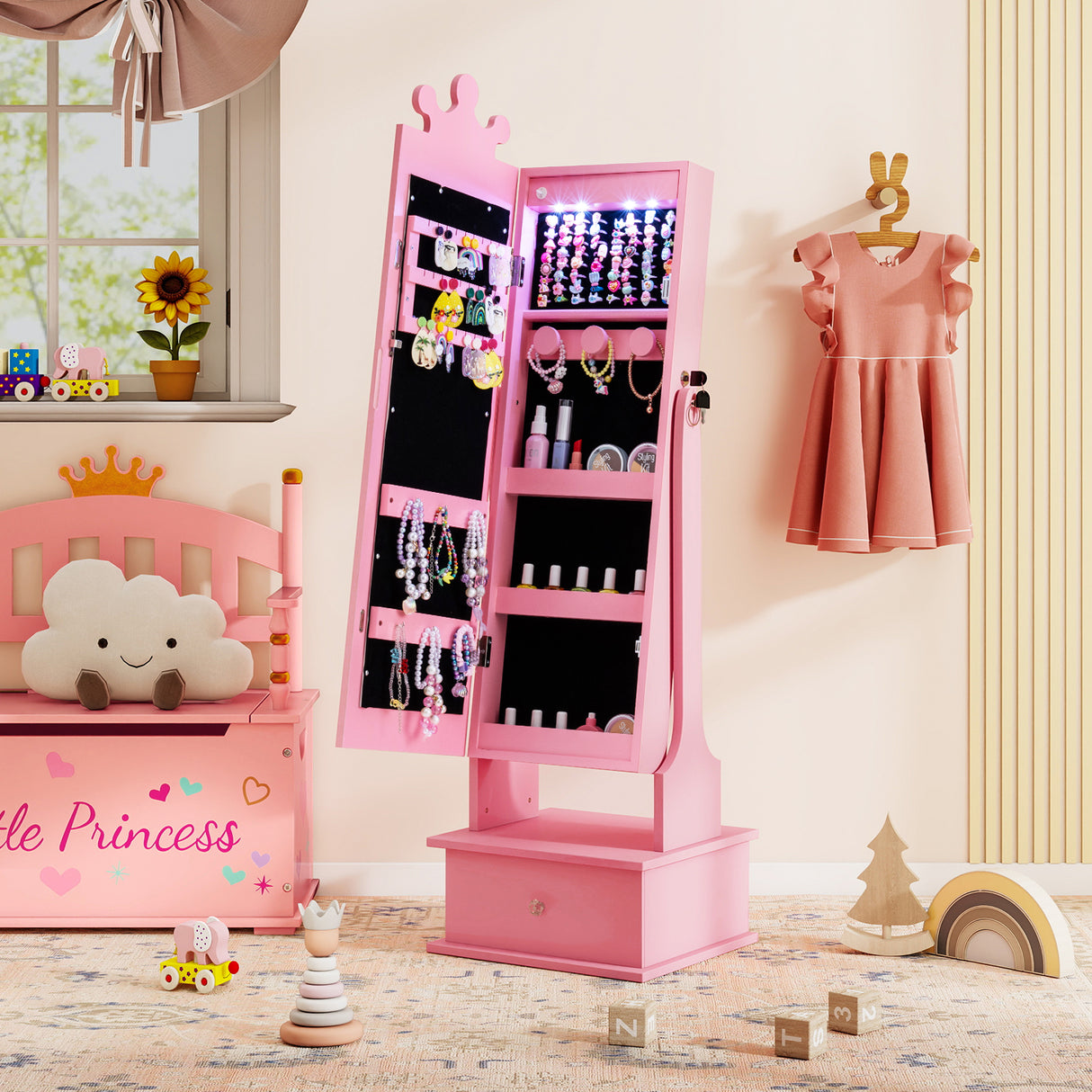 Kids Jewelry Armoire with 3-Color Lighted Full Length Mirror and Inside Led Lights-Pink