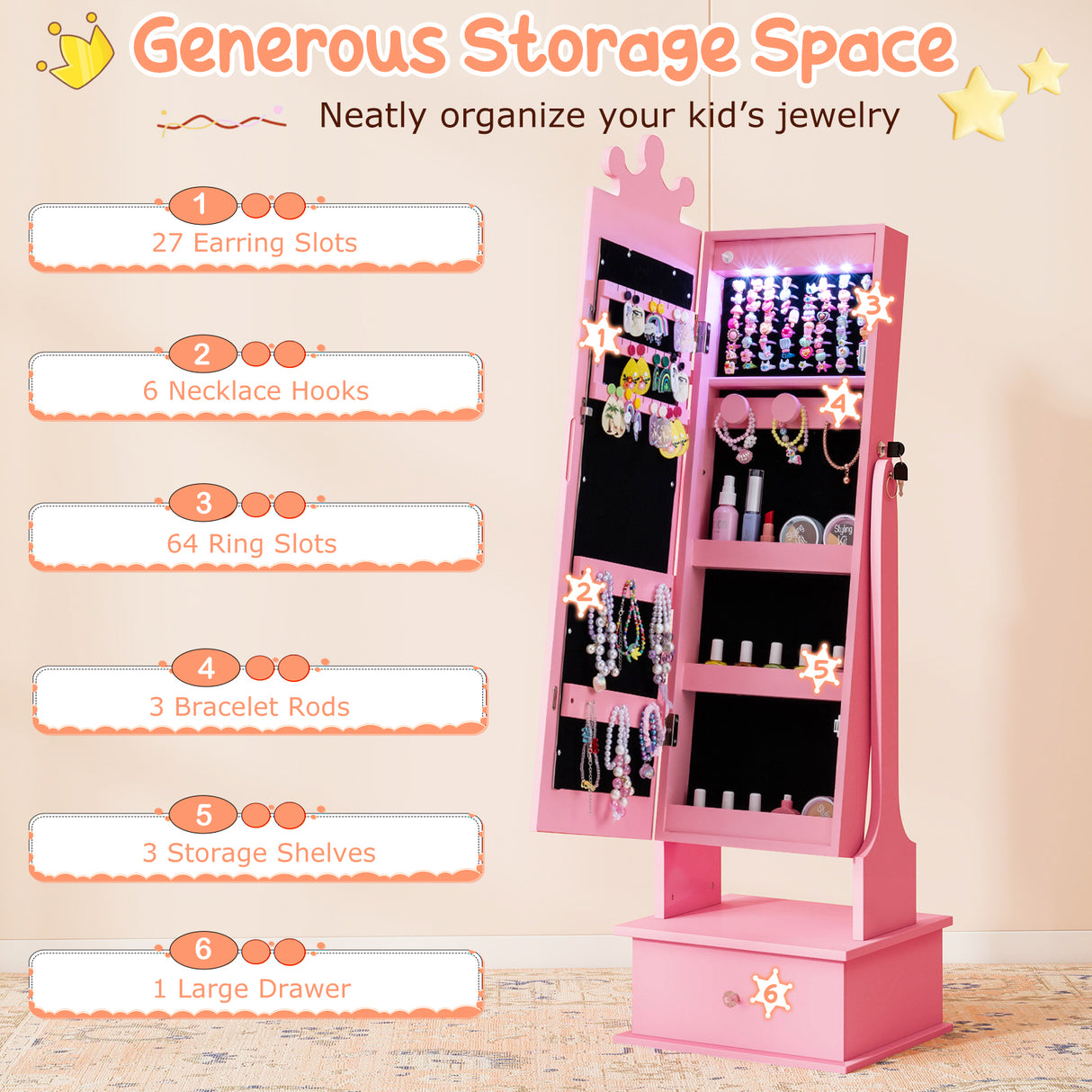 Kids Jewelry Armoire with 3-Color Lighted Full Length Mirror and Inside Led Lights-Pink