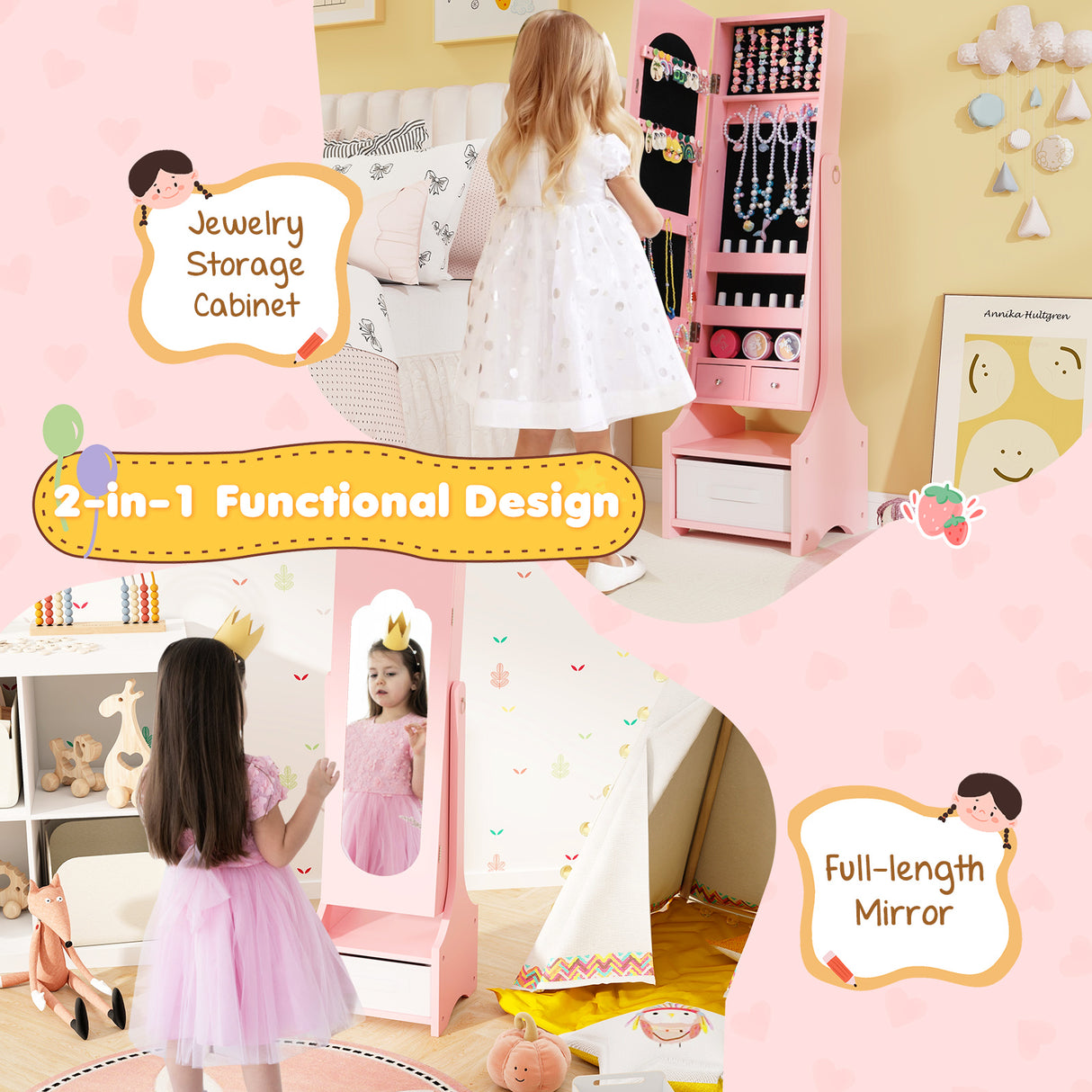 Freestanding Kids Jewelry Armoire Cabinet with Storage and 2 Tilt Angles-Pink