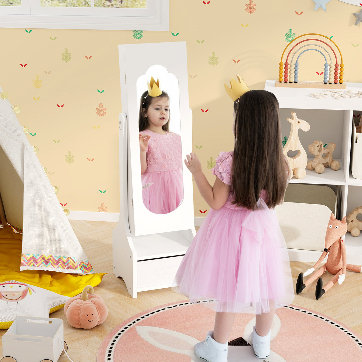 Freestanding Kids Jewelry Armoire Cabinet with Storage and 2 Tilt Angles-White