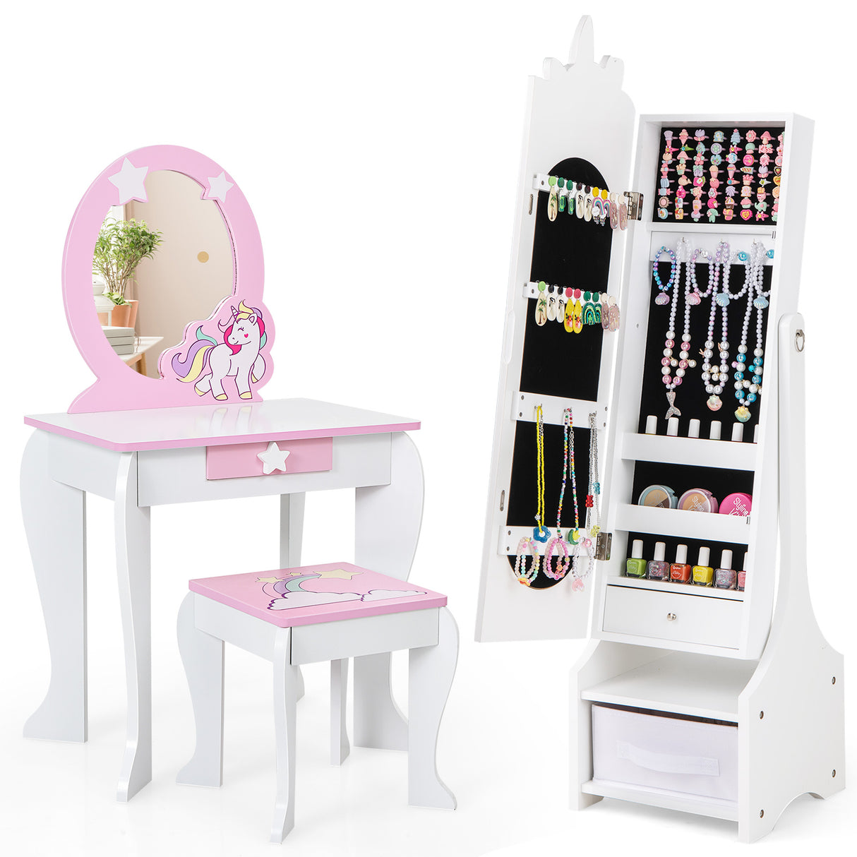 Kids Jewelry Armoire Cabinet with Storage and 2 Tilt Angles-White