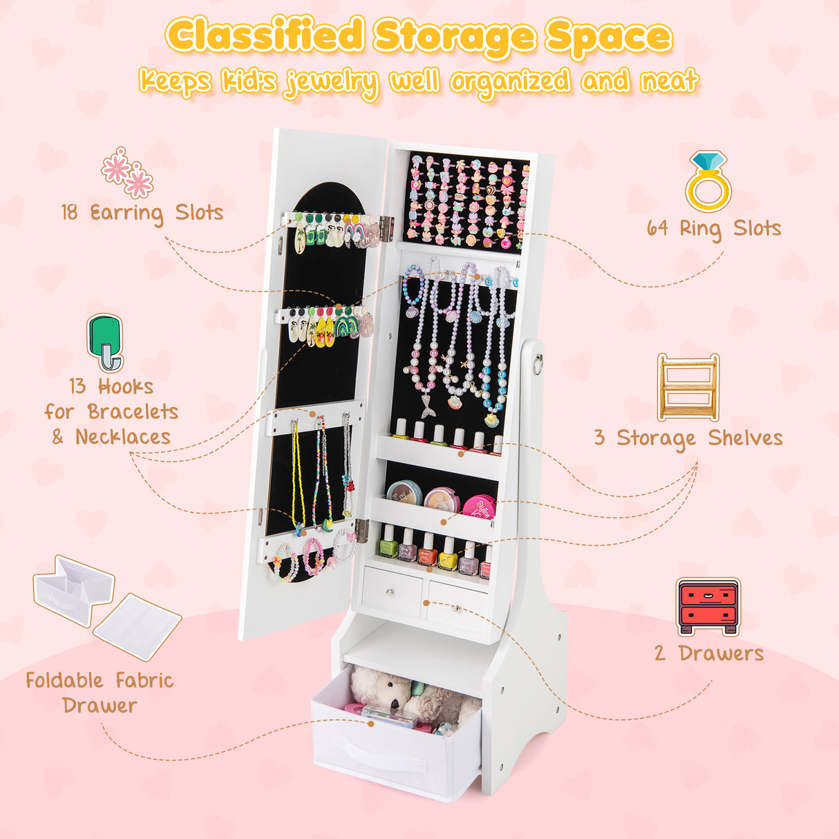 Freestanding Kids Jewelry Armoire Cabinet with Storage and 2 Tilt Angles-White