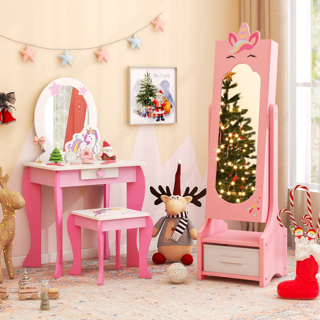 Kids Jewelry Cabinet with Full-Length Mirror for Kids Bedroom and Playroom-Pink