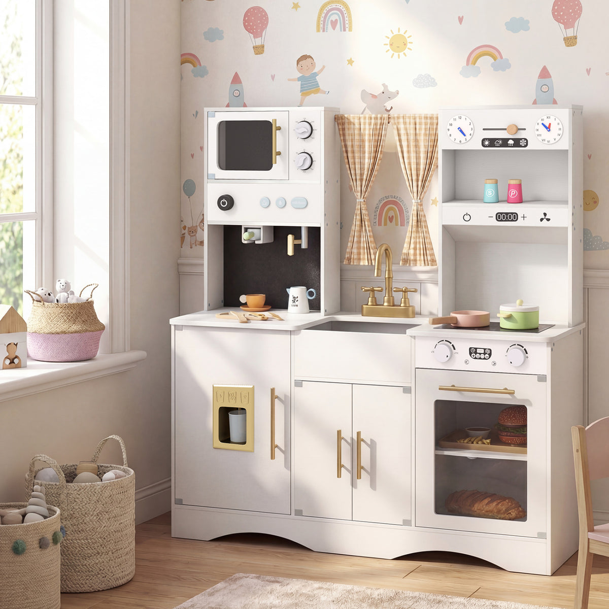 Kids Kitchen Playset with Microwave and Coffee Maker for Ages 3+-White