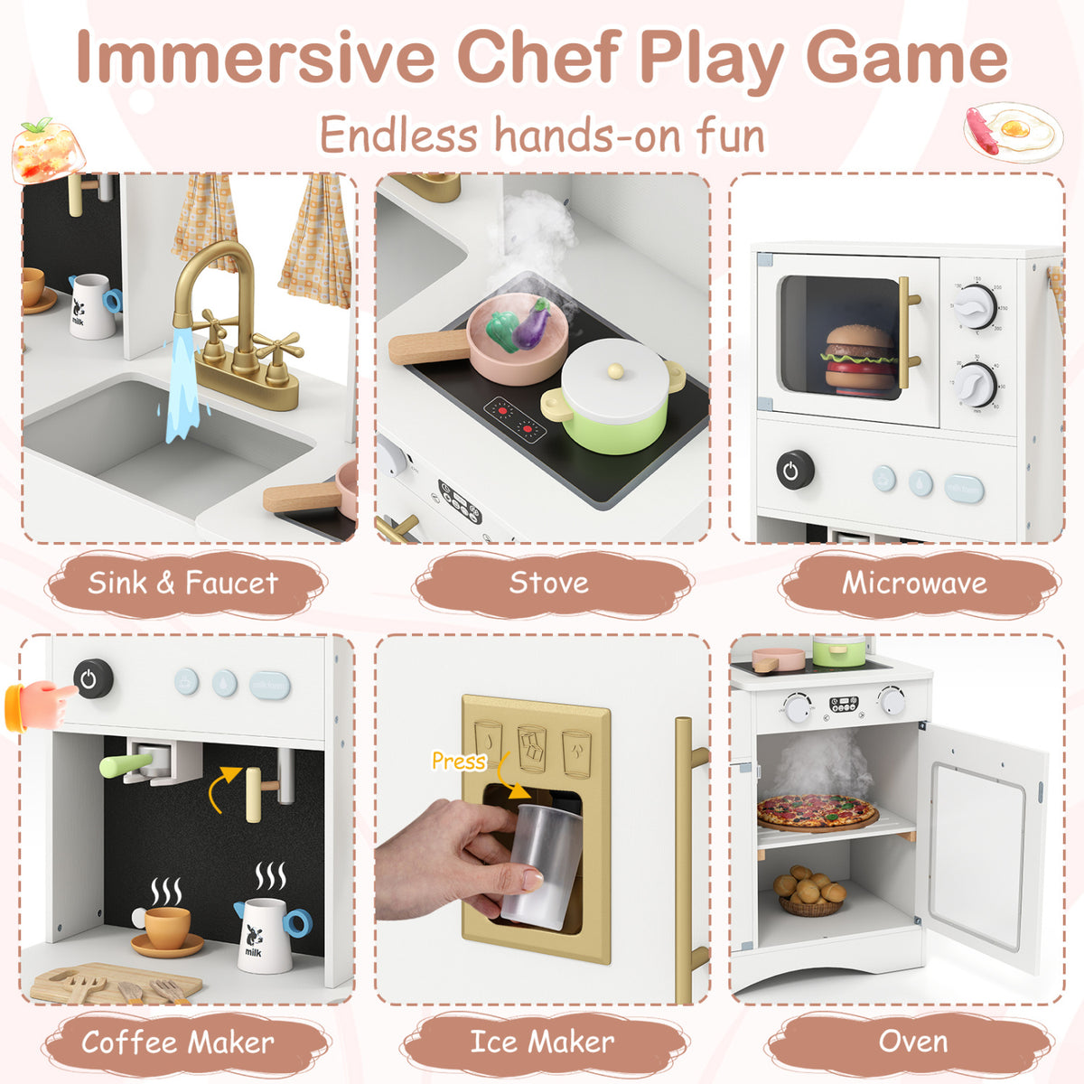 Kids Kitchen Playset with Microwave and Coffee Maker for Ages 3+-White