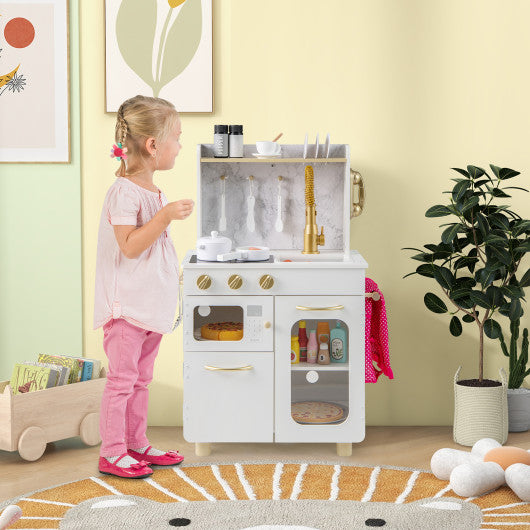 Kids Kitchen Set Pretend Play Kitchen with Stoves Faucet Sink Telephone Microwave and Oven-White