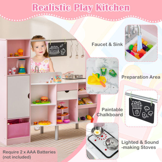 2-in-1 Double-sided Kids Kitchen and Market with Realistic Light and Sound-Pink