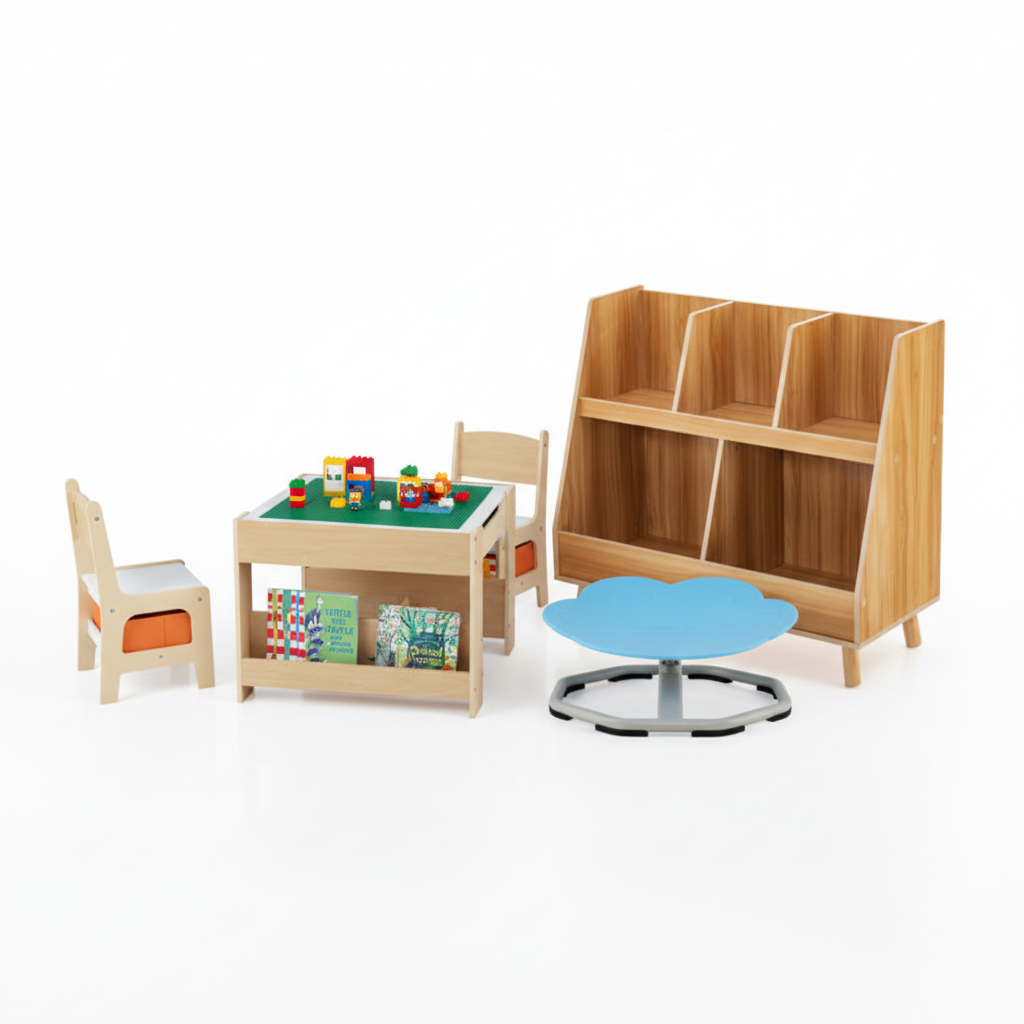 Kids Learning & Play Essentials Bundle ” Bookshelf + 4-in-1 Activity Table Set + 360 ° Swivel Chair