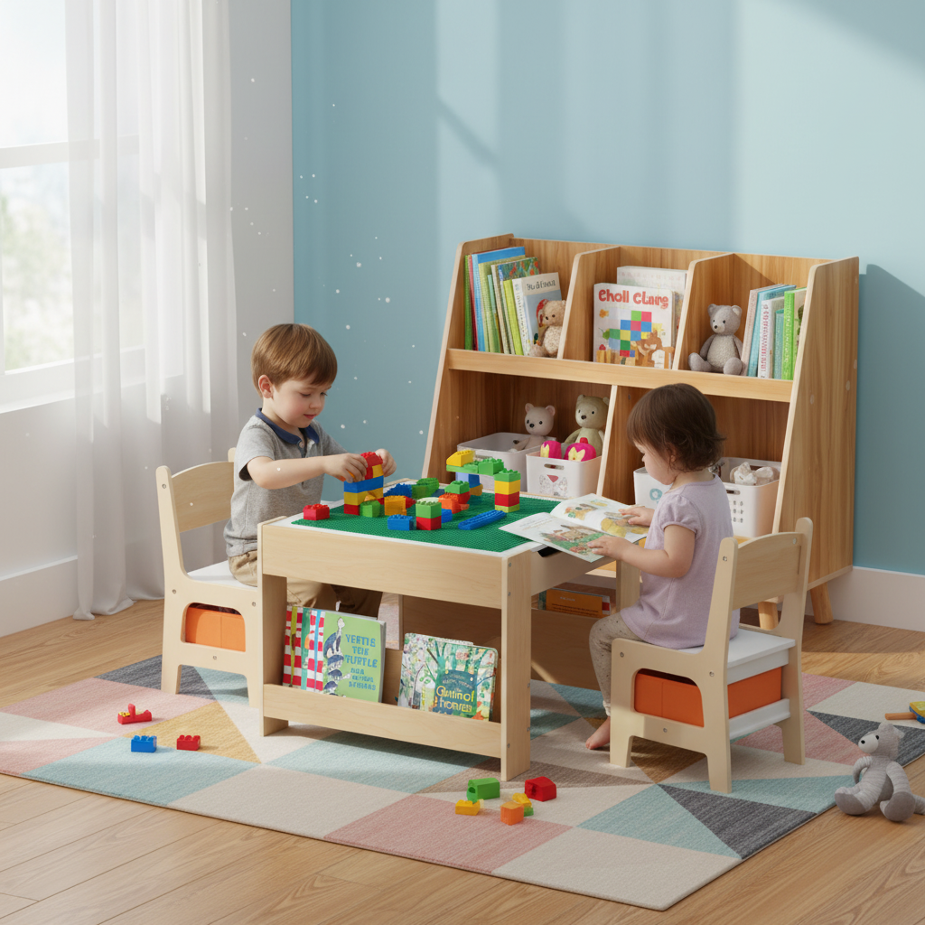 Kids Learning & Play Essentials Bundle ” Bookshelf + 4-in-1 Activity Table Set + 360 ° Swivel Chair
