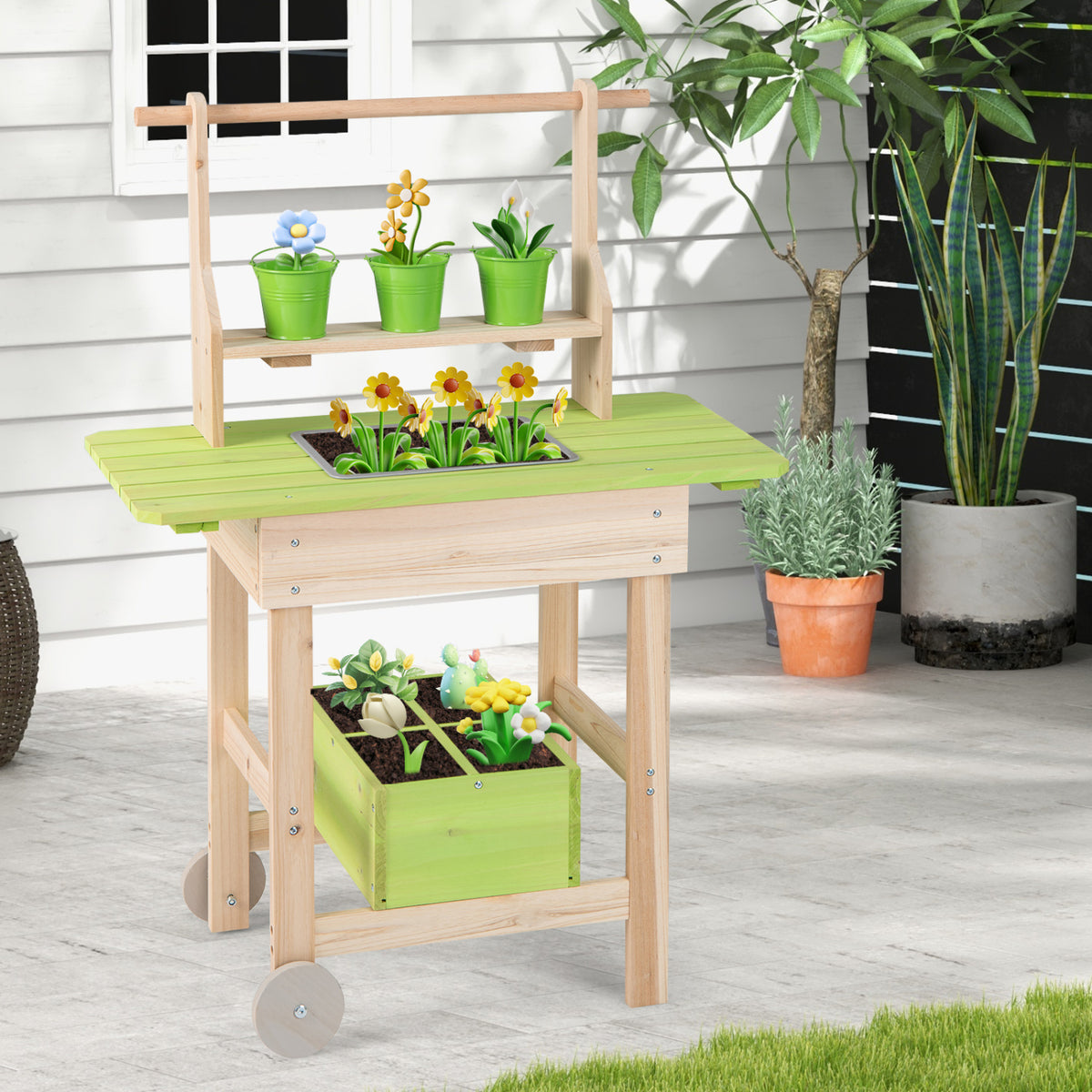 Kids Mud Kitchen with Removable Pots Watering Can Planting Trough and Storage Box-Natrual