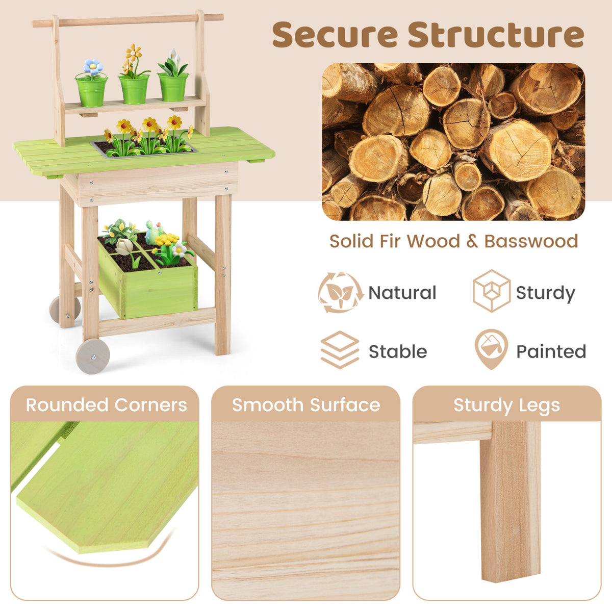 Kids Mud Kitchen with Removable Pots Watering Can Planting Trough and Storage Box-Natrual