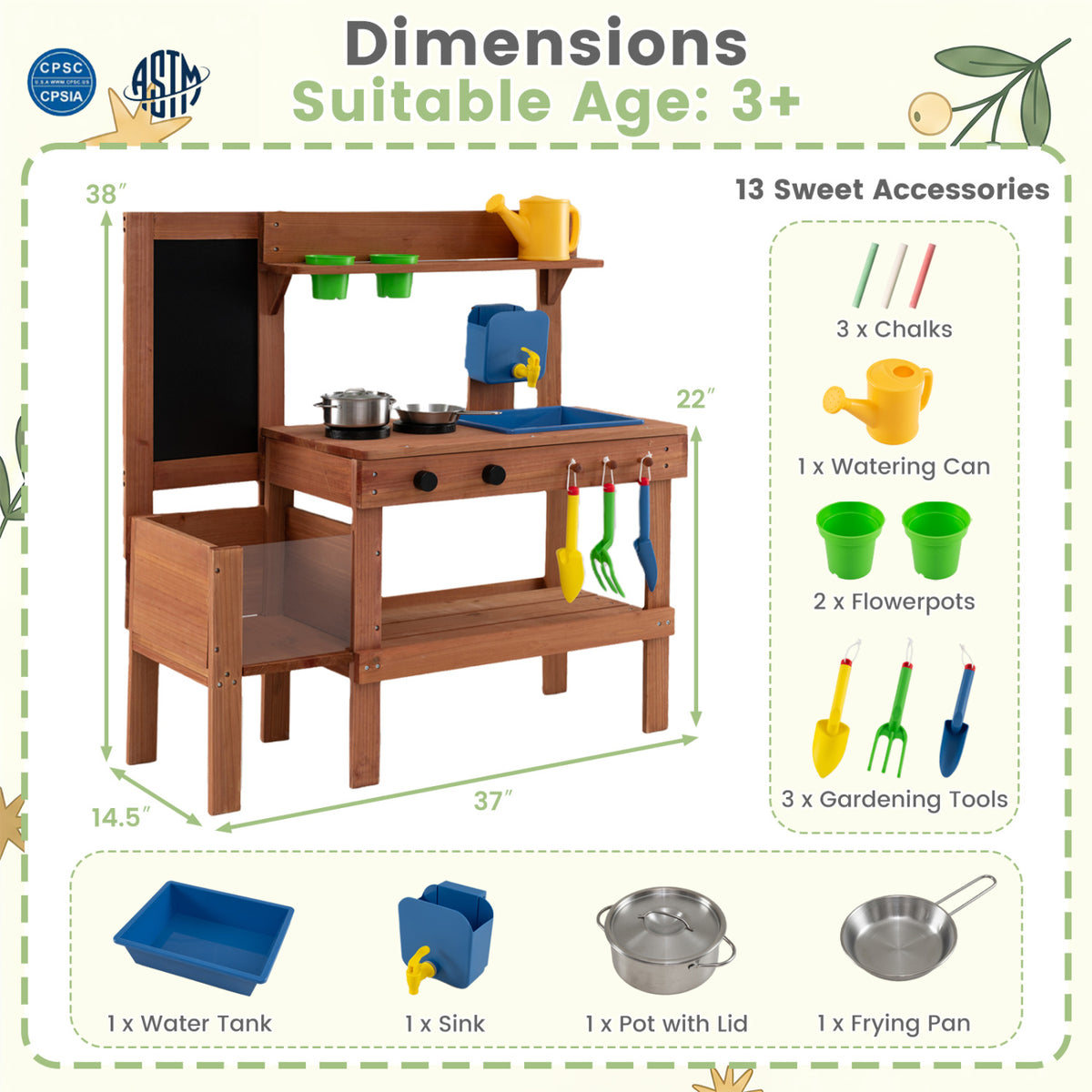 Kids Mud Kitchen with Planter Box and Sink and 13 Accessories for Ages 3+-Natural