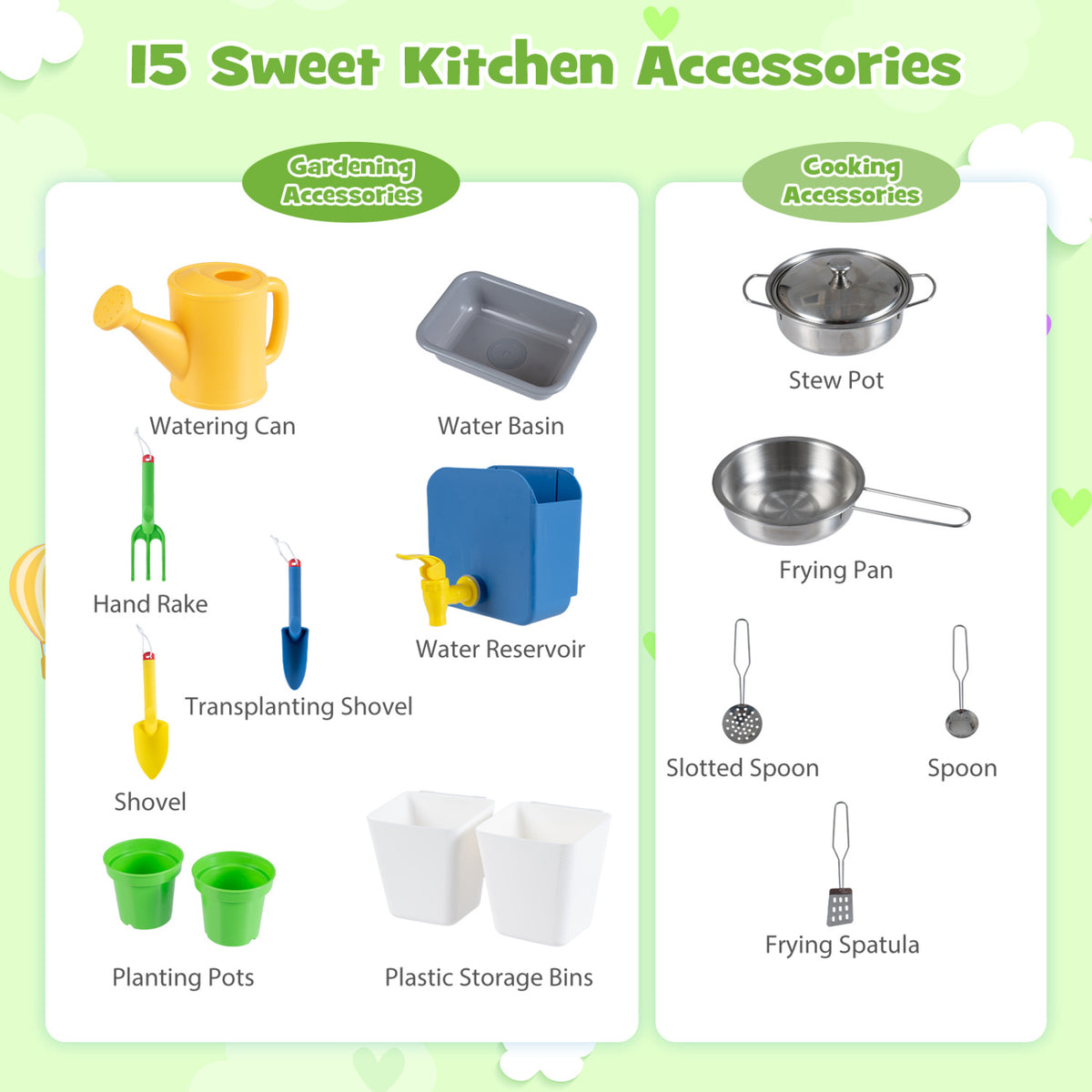 Kids Mud Kitchen with Water Tank and Sink and 15 Accessories for Ages 3+-Natural