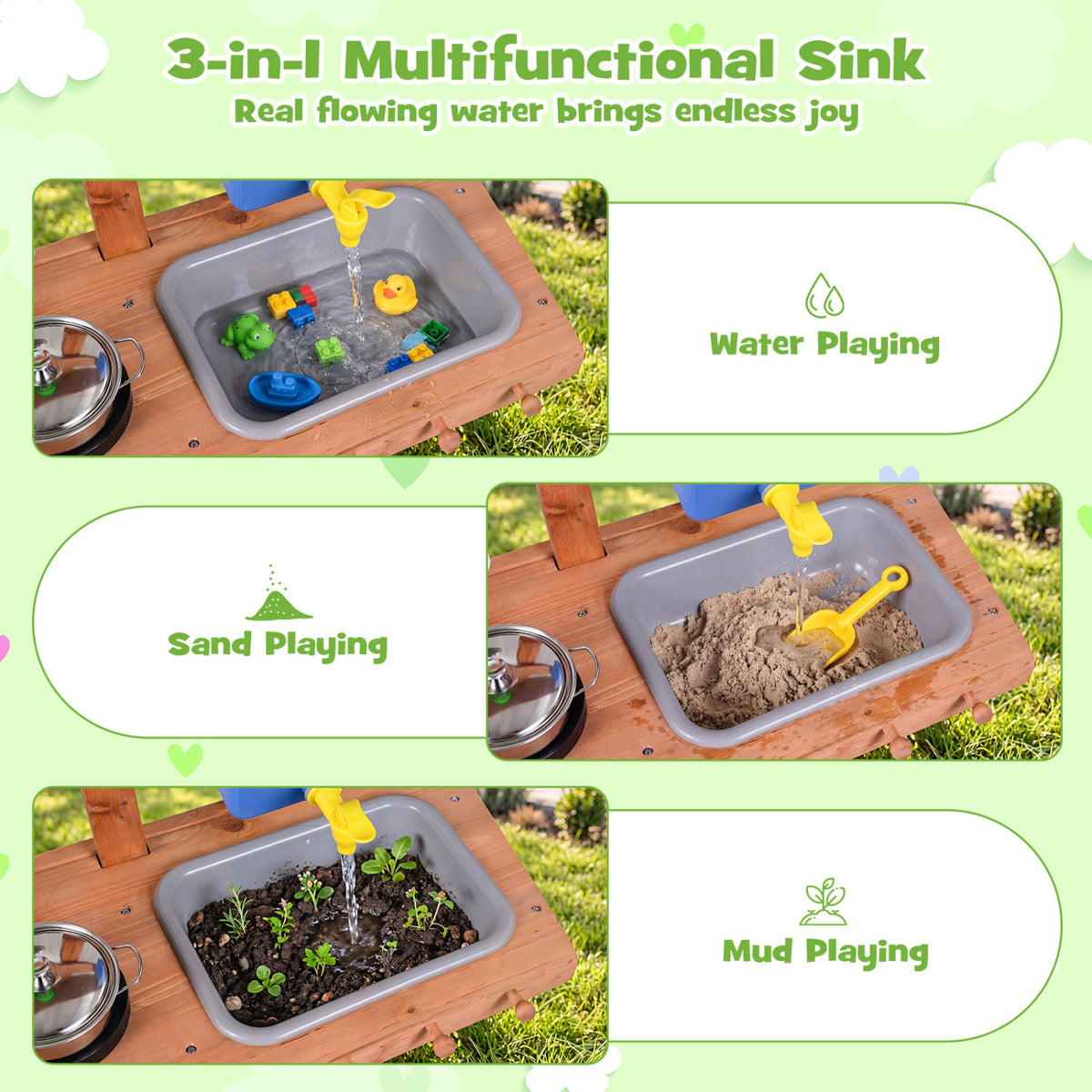 Kids Mud Kitchen with Water Tank and Sink and 15 Accessories for Ages 3+-Natural