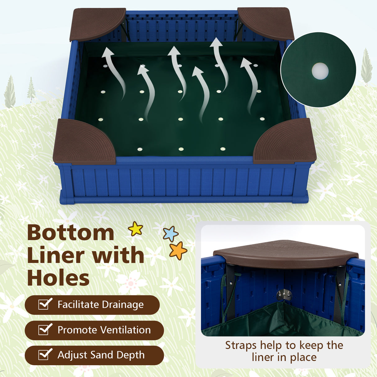 Kids Outdoor Sandbox with Oxford Cover and 4 Corner Seats-Navy