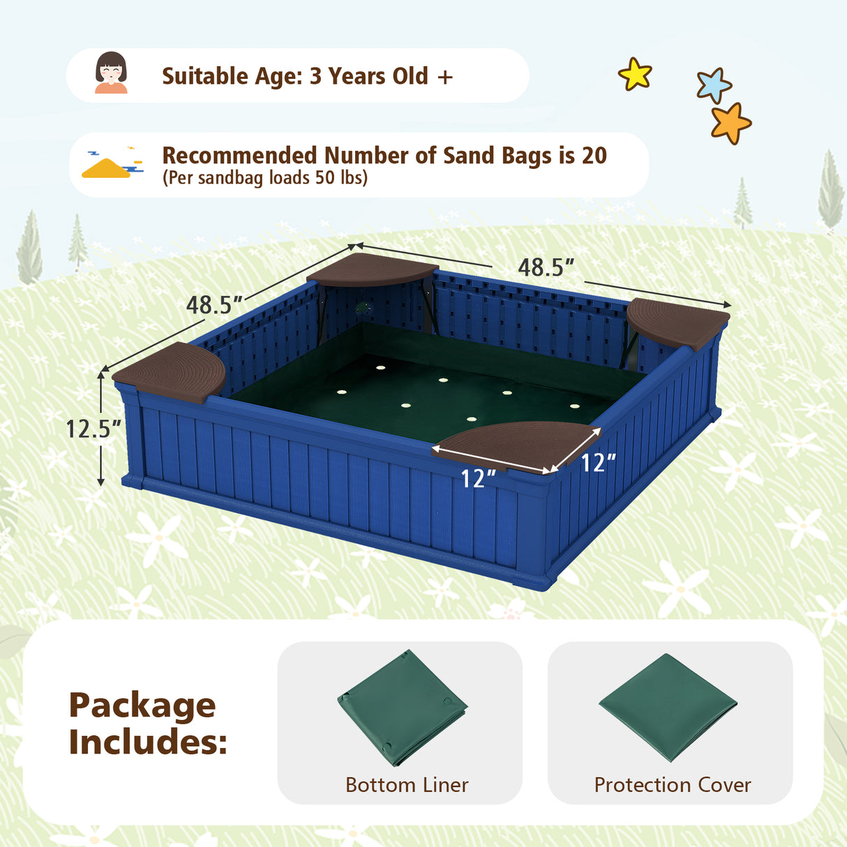 Kids Outdoor Sandbox with Oxford Cover and 4 Corner Seats-Navy