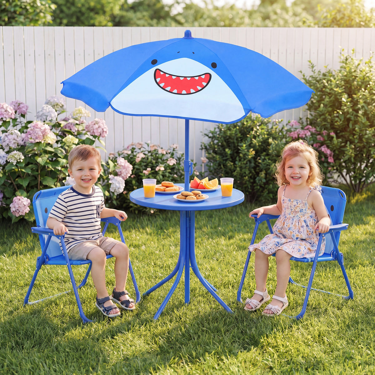 Kids Outdoor Table and Chair Set with 2 Folding Chairs and Height Adjustable Umbrella-Blue