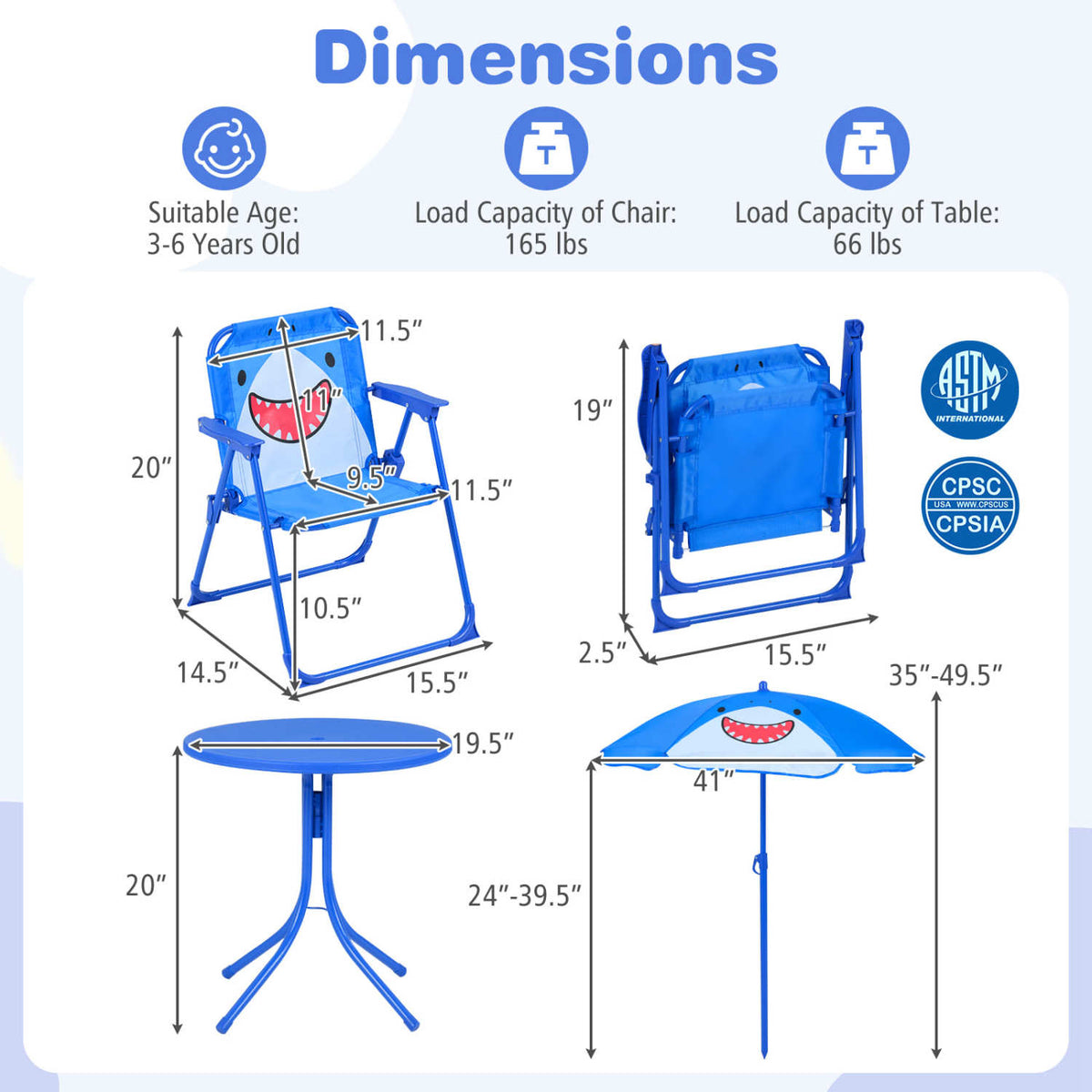 Kids Outdoor Table and Chair Set with 2 Folding Chairs and Height Adjustable Umbrella-Blue