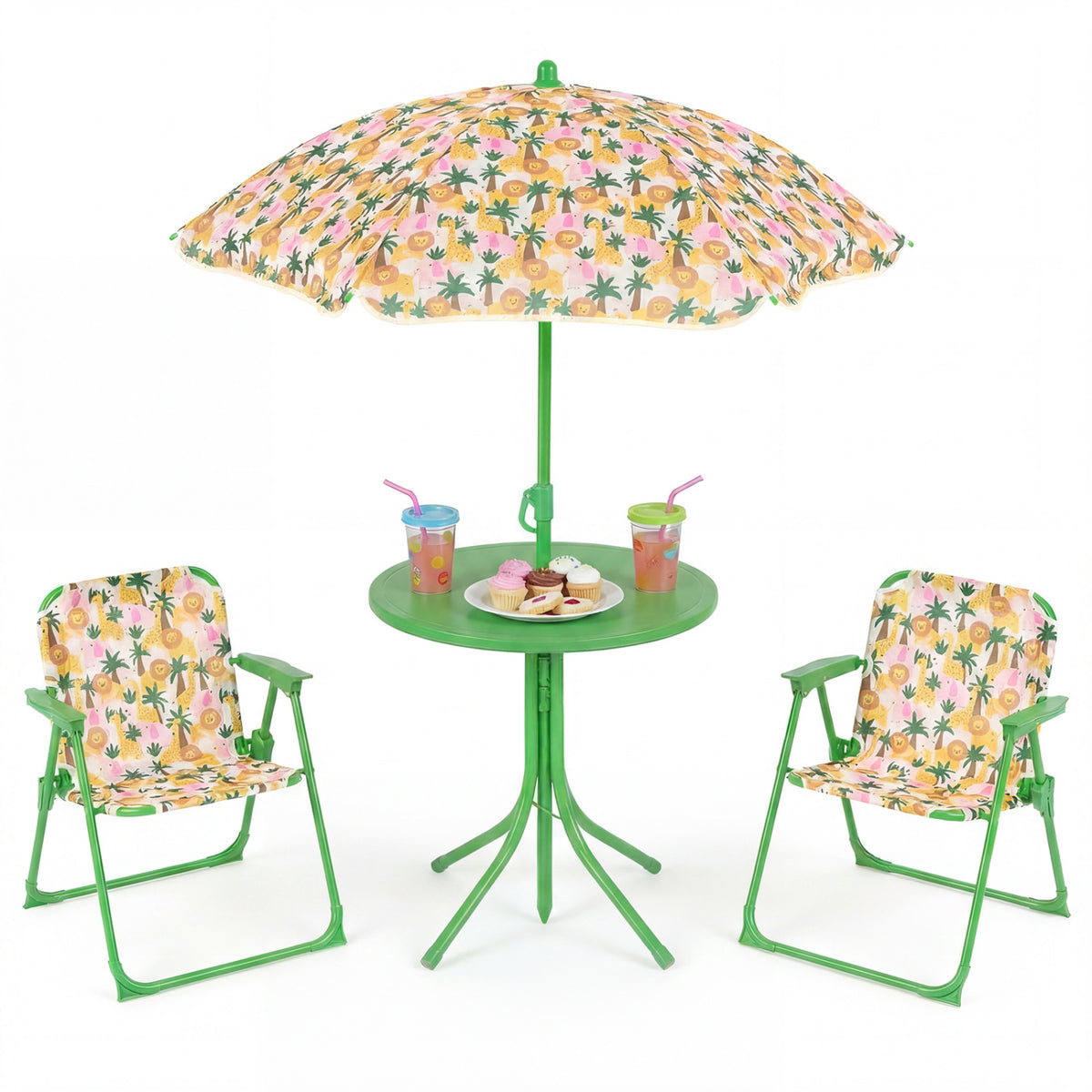 Kids Outdoor Table and Chair Set with 2 Folding Chairs and Height Adjustable Umbrella-Beige