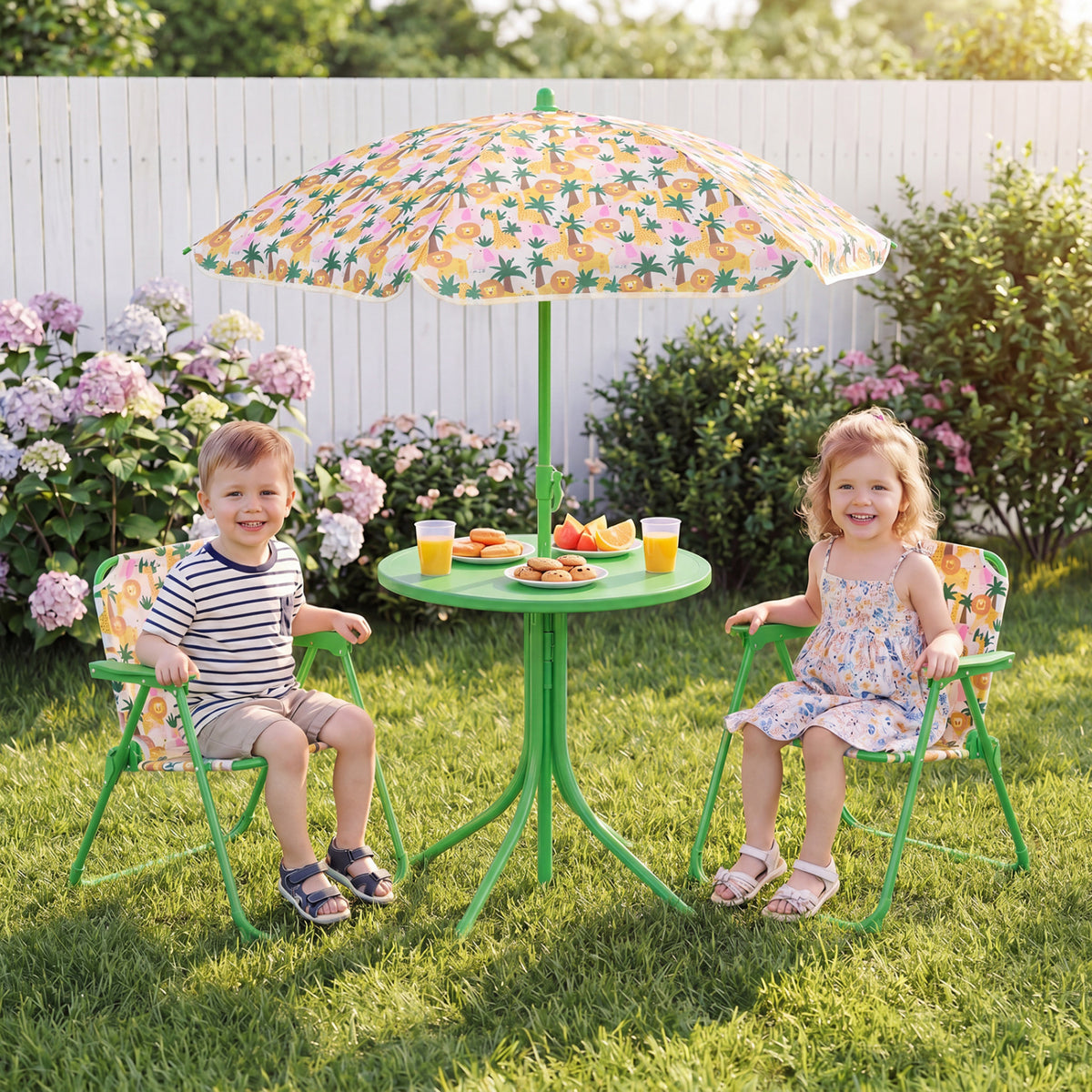 Kids Outdoor Table and Chair Set with 2 Folding Chairs and Height Adjustable Umbrella-Beige