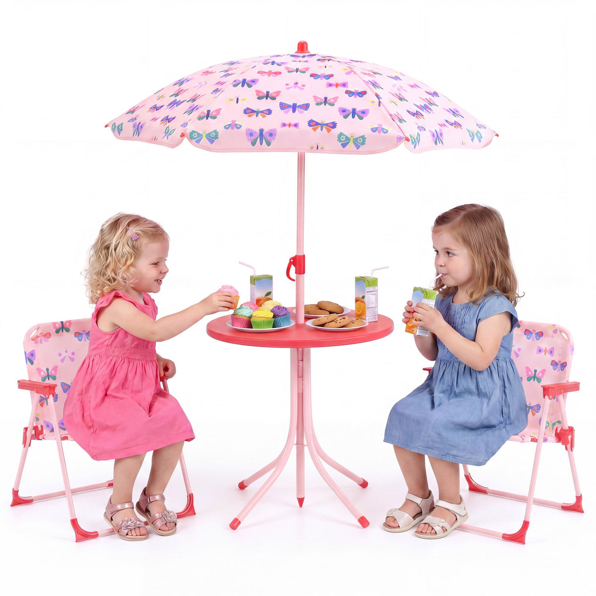Kids Outdoor Table and Chair Set with 2 Folding Chairs and Height Adjustable Umbrella-Pink and White