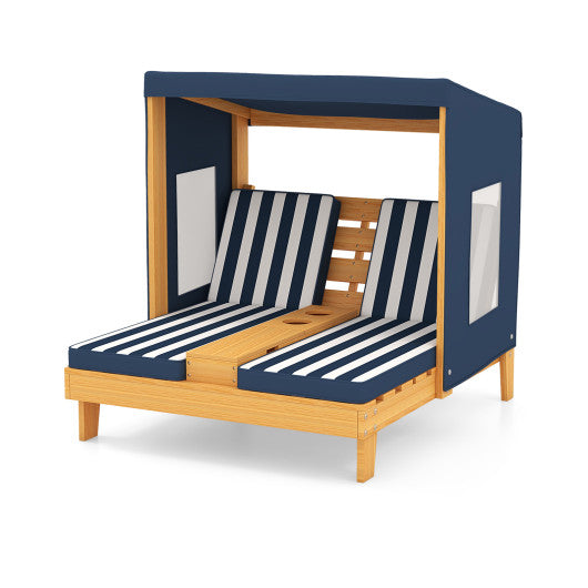 Kids Patio Lounge Chair with Cup Holders and Awning-Navy