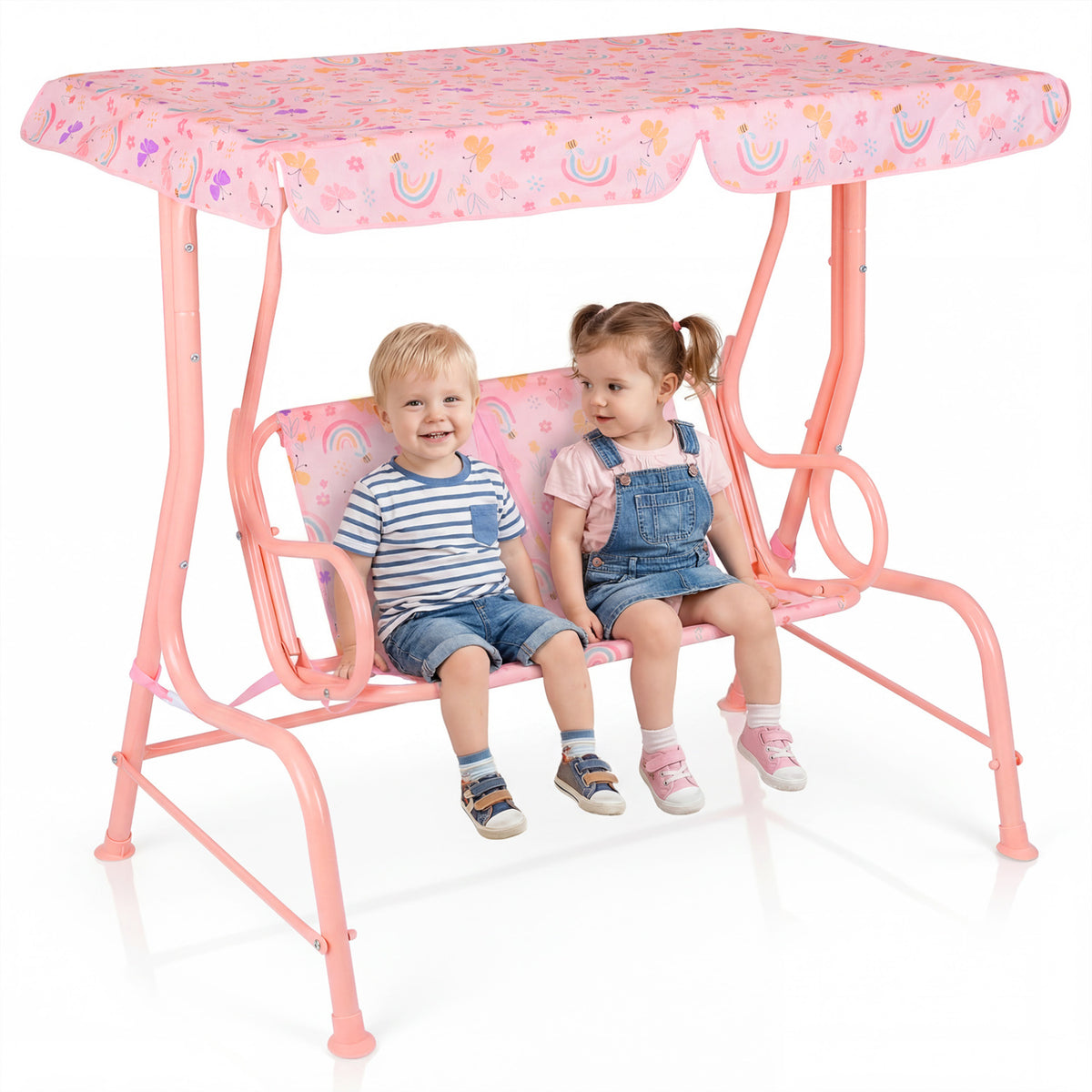 Kids Patio Swing 2-Seater Outdoor Porch Swing Lounge Chair with Adjustable Canopy-Pink
