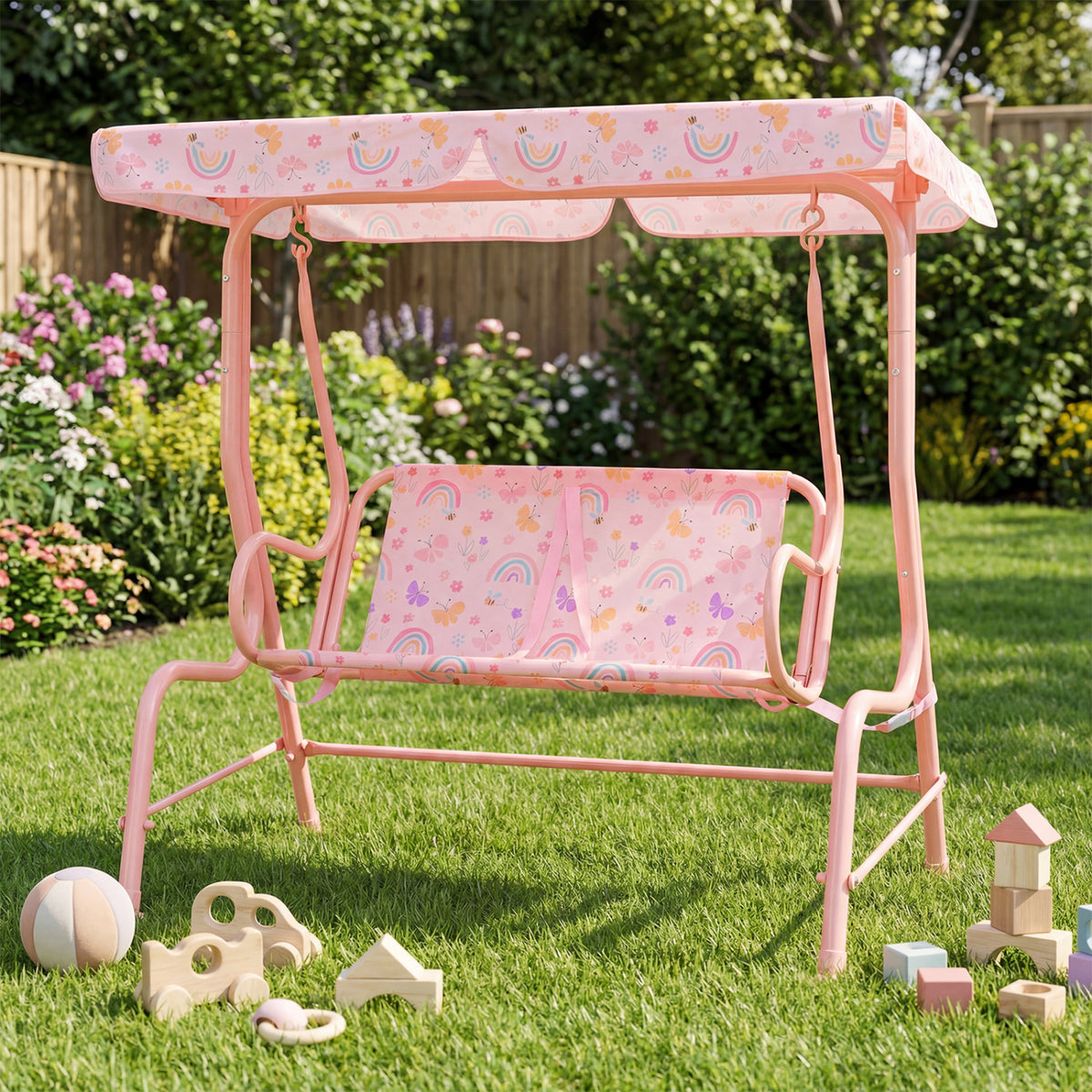 Kids Patio Swing 2-Seater Outdoor Porch Swing Lounge Chair with Adjustable Canopy-Pink