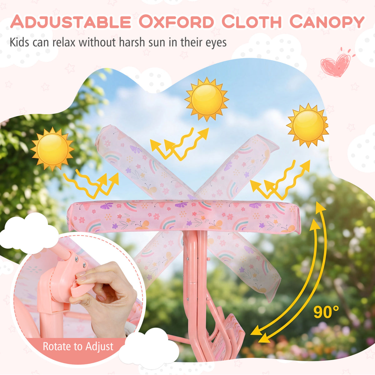 Kids Patio Swing 2-Seater Outdoor Porch Swing Lounge Chair with Adjustable Canopy-Pink